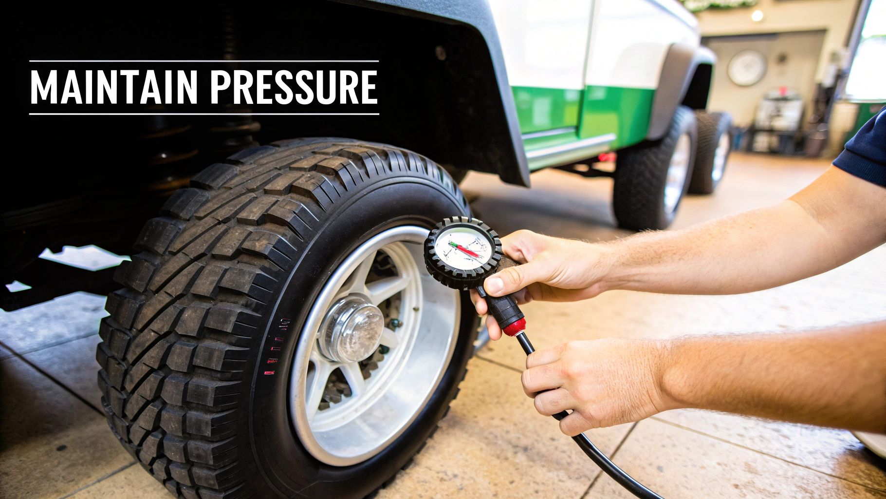 A person checking the air pressure of a golf cart tire with a gauge.