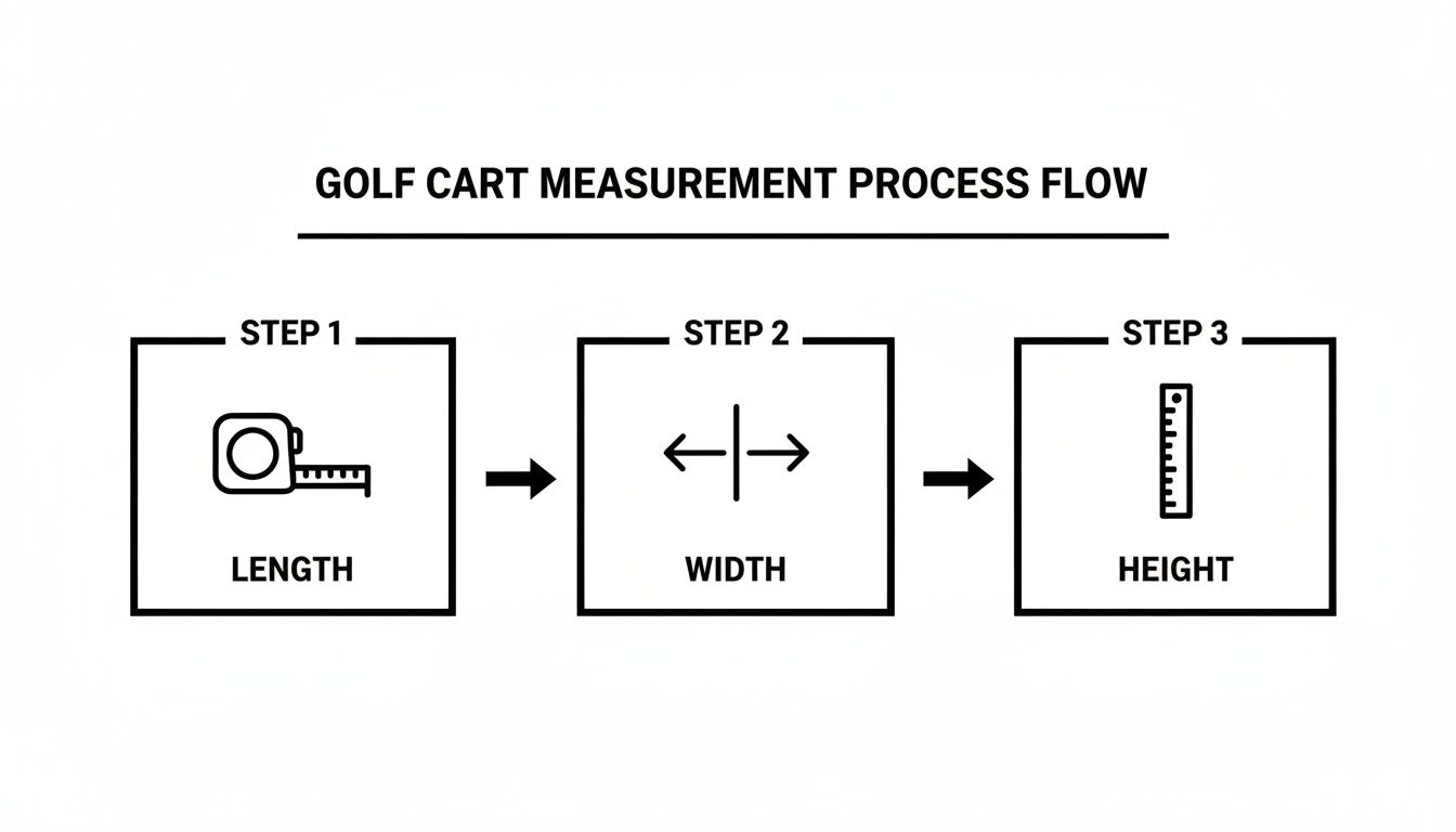 A process flow diagram showing steps to measure a golf cart's length, width, and height.