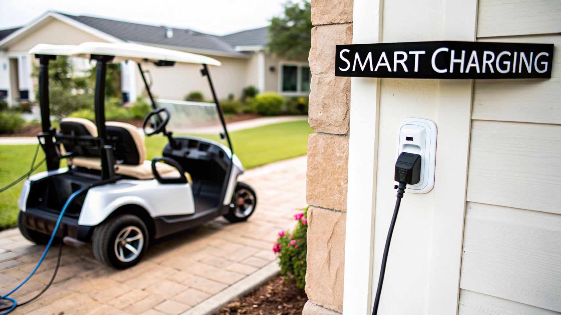 A modern lithium battery charger connected to a golf cart.