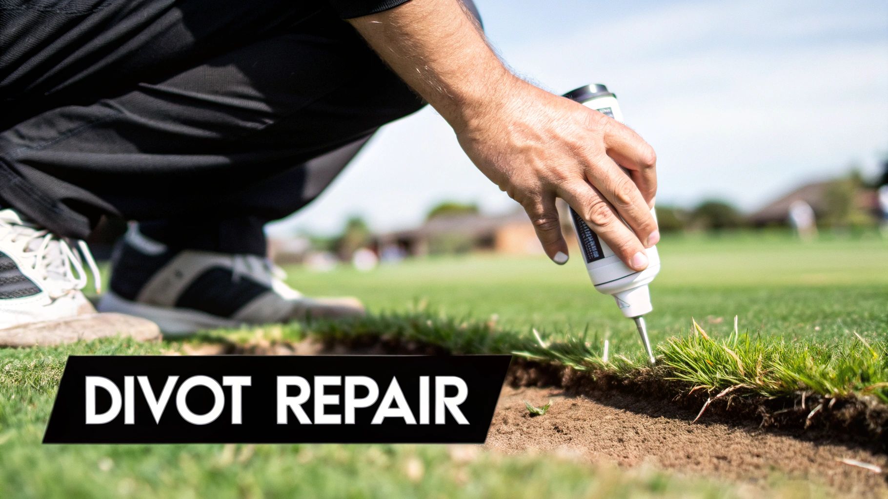 A golfer carefully fills a divot with sand from their golf cart's sand bottle.