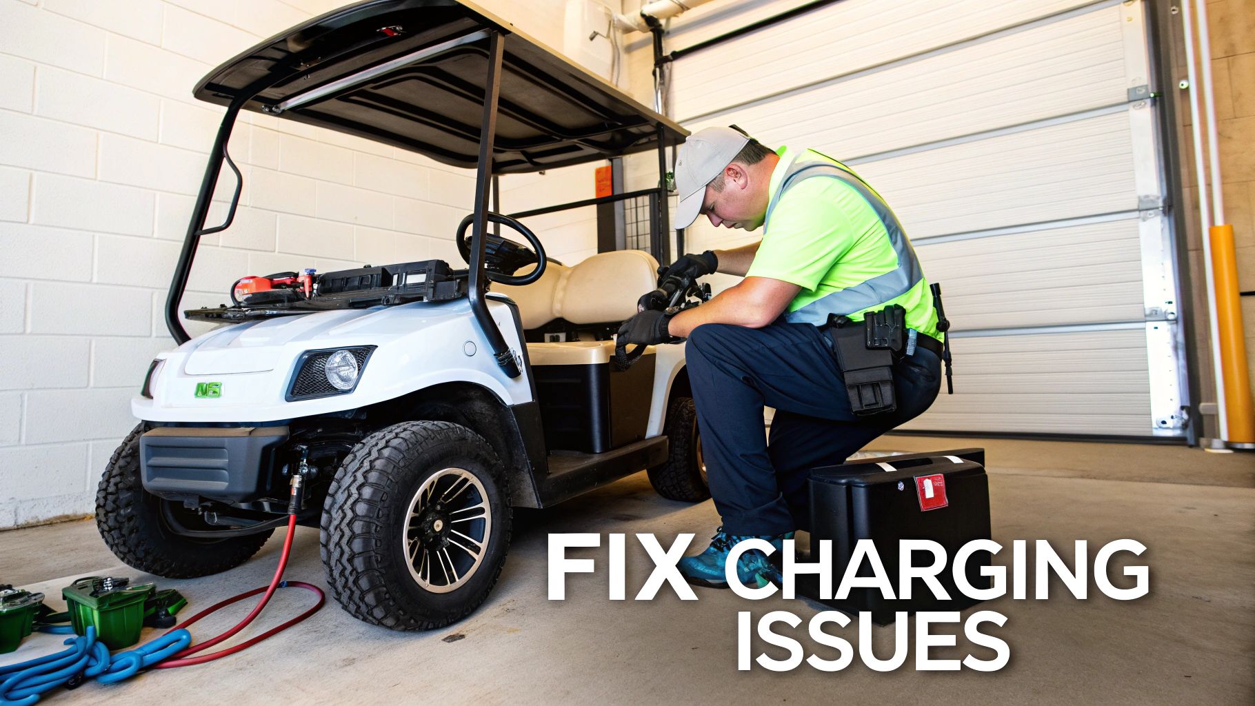 A person inspecting the charging port and cables of a golf cart.