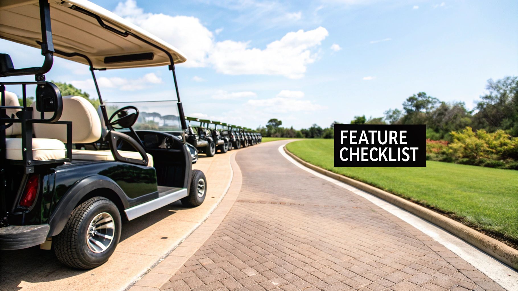 Three power golf carts with different seating capacities parked in a row, showcasing various models.