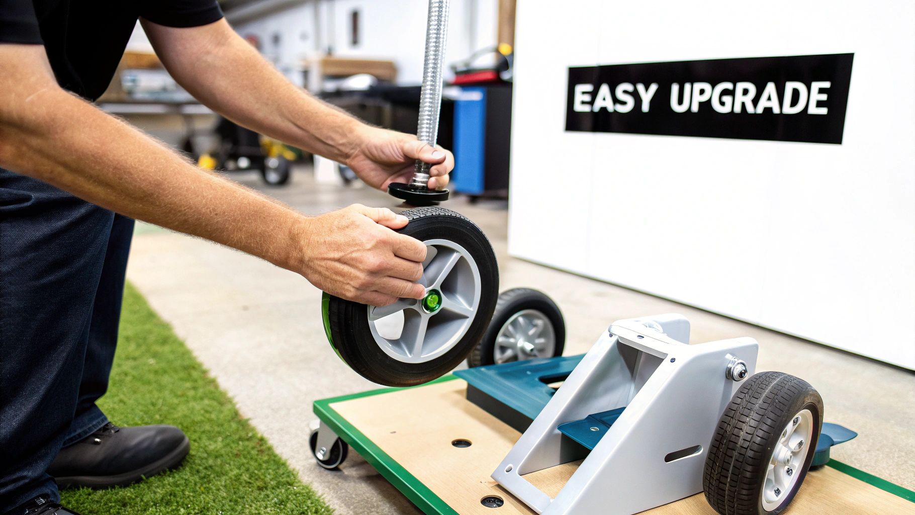 A person's hands are attaching a new wheel to a grey and green cart, labeled 'EASY UPGRADE'.