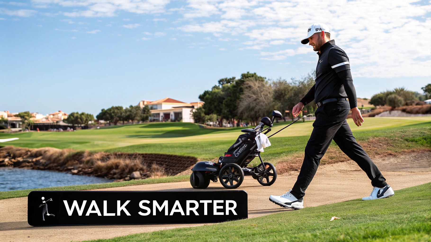 A golfer using a remote control for an electric golf caddy on a sunny course.