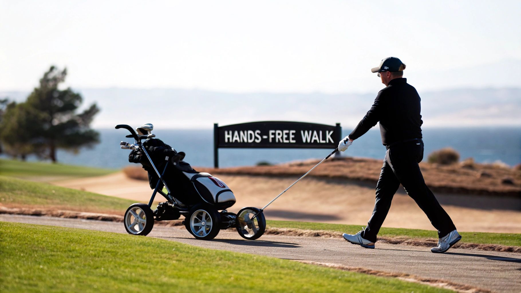 A man walks a golf course, guiding a motorized hands-free golf trolley with a club.