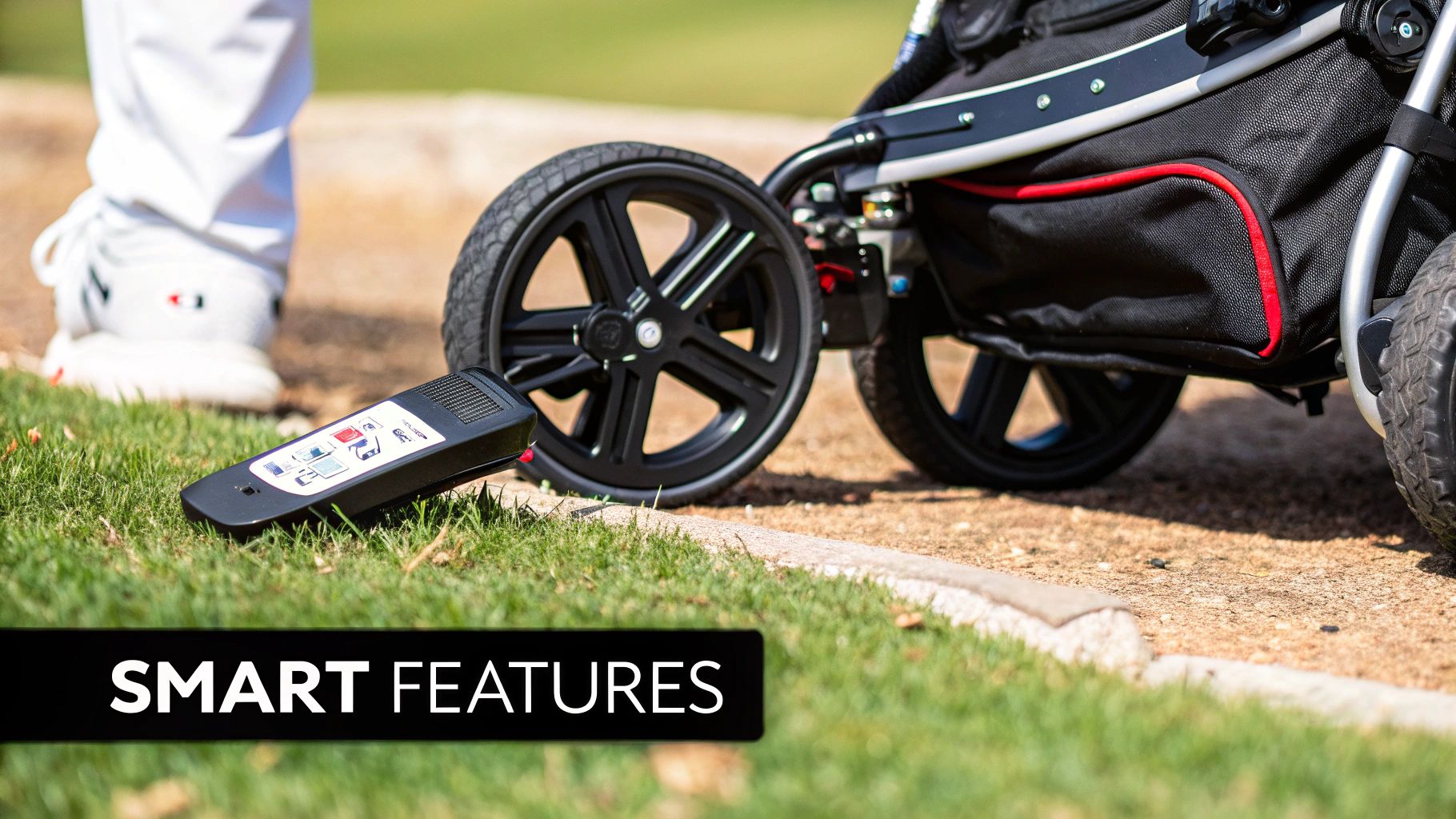 A sleek, modern power push cart sits ready for a round on the golf course.
