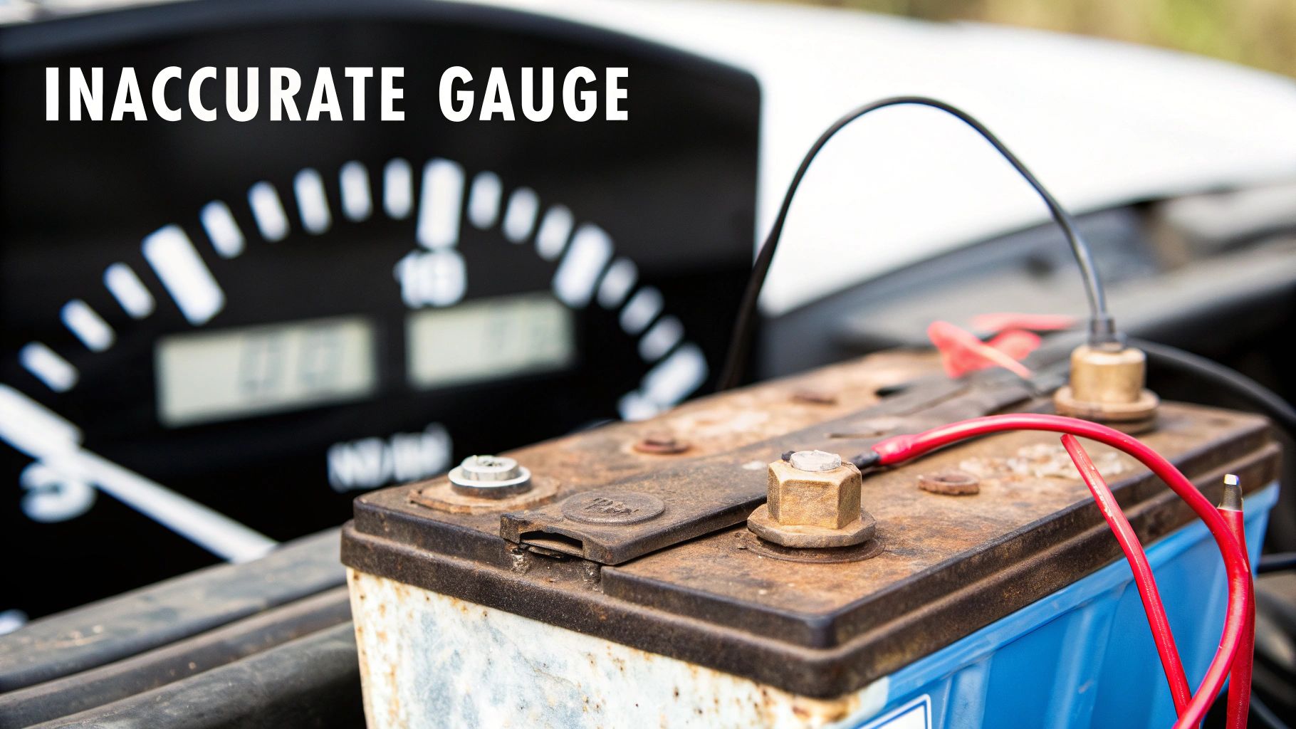 A rusty car battery with jumper cables, and a blurry dashboard gauge showing 'INACCURATE GAUGE'.