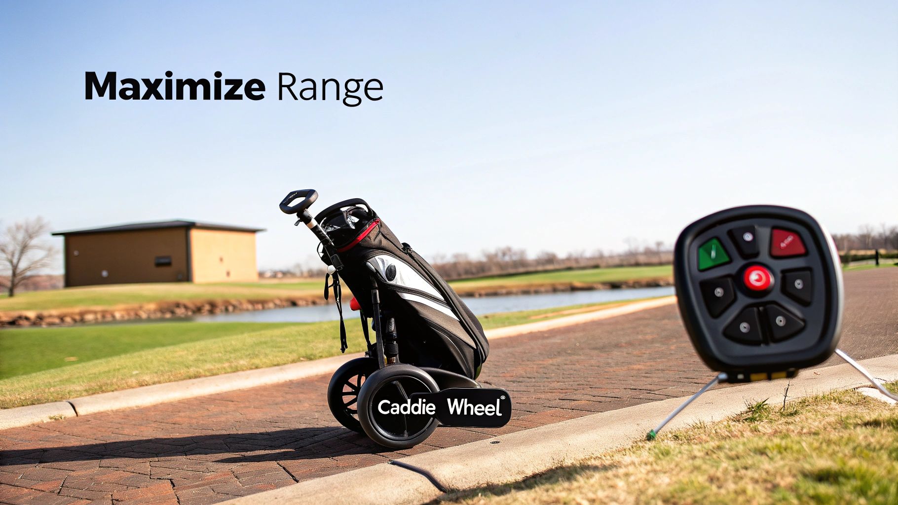 A Caddie Wheel golf trolley with a golf bag and a remote control on a golf course path.