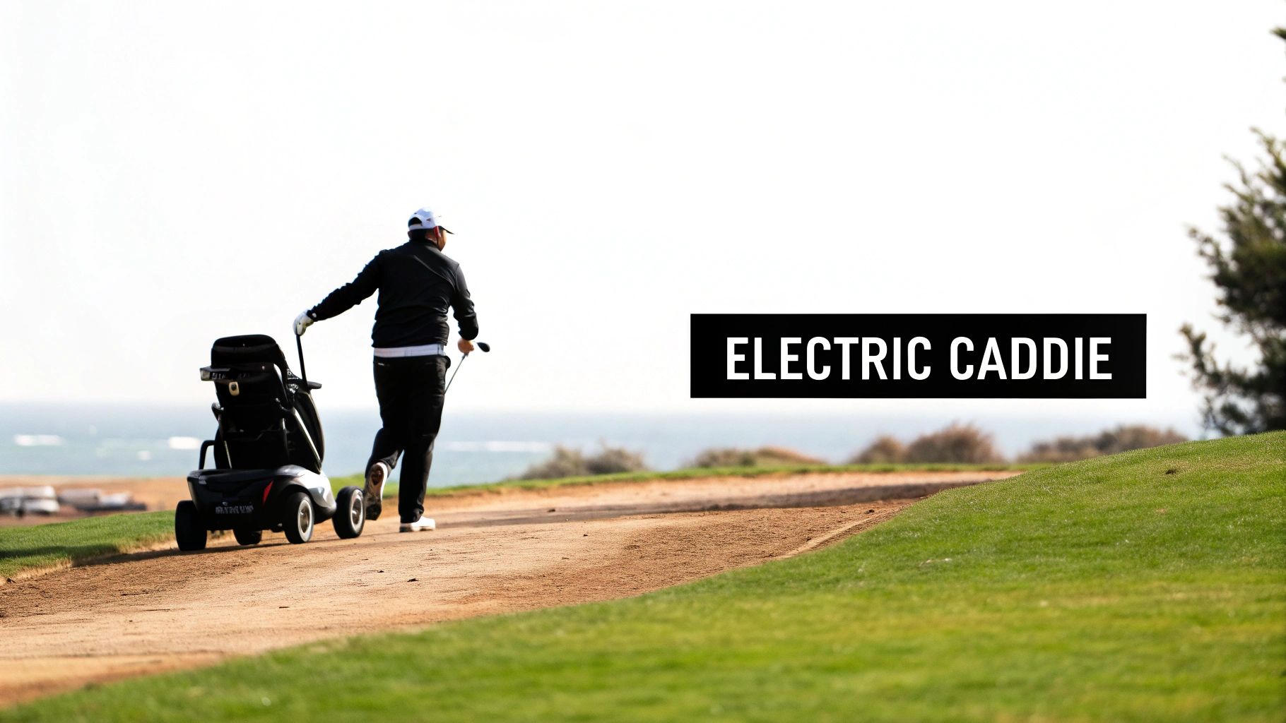 An electric caddie golf cart on a lush green golf course