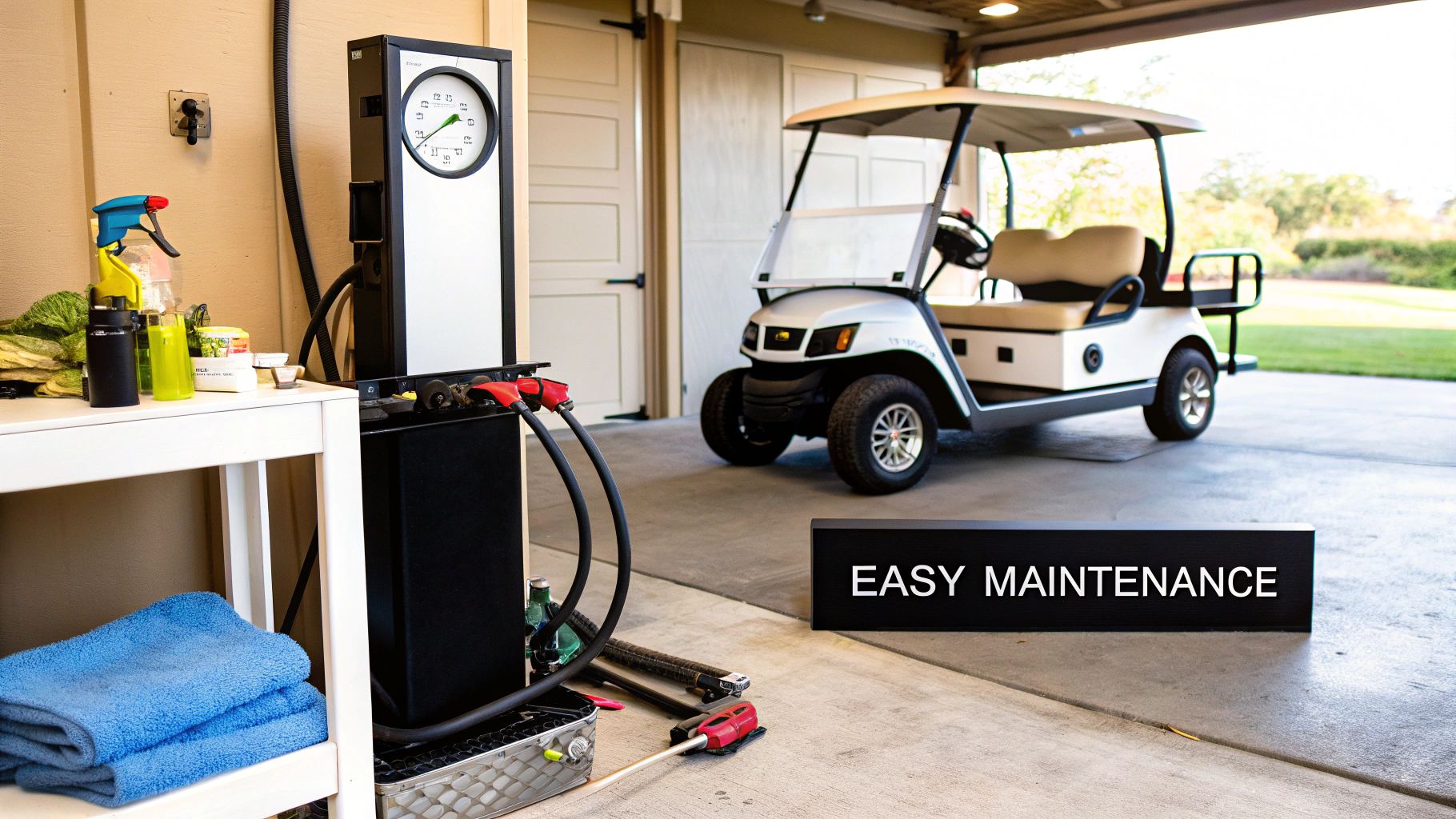 A person performing maintenance on a power golf cart, checking the battery terminals.