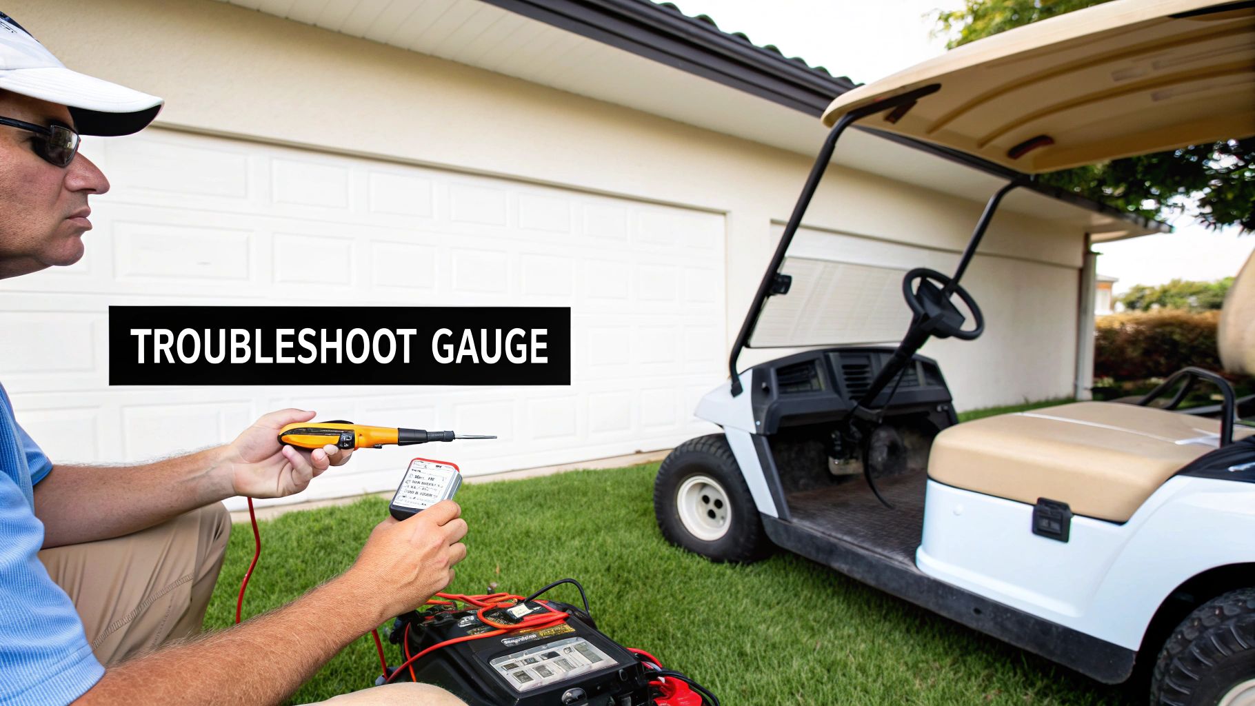 A man uses a multimeter and smartphone to troubleshoot a golf cart's battery and gauge.