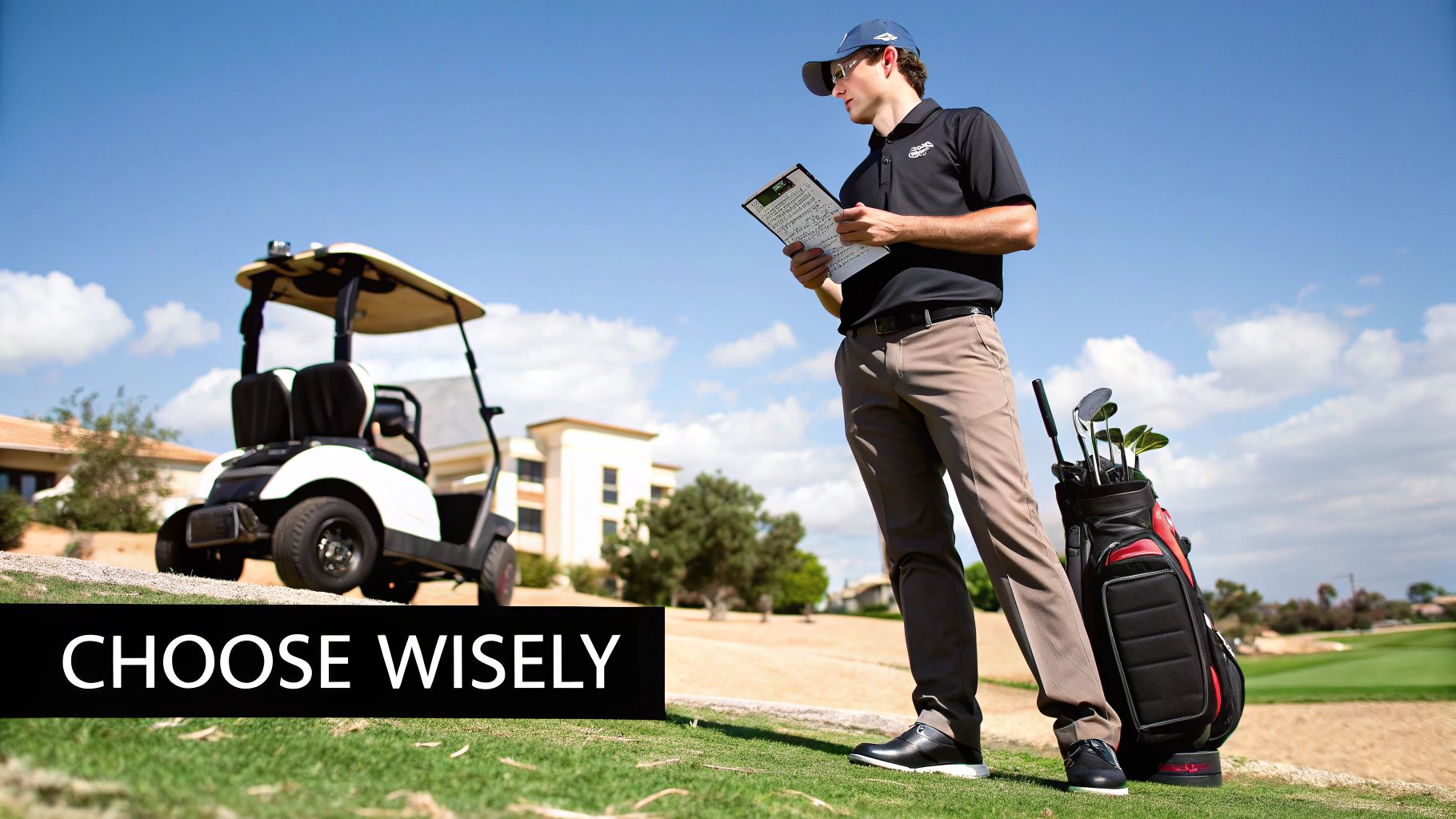 A golfer considers their options while looking at electric push carts on a course.
