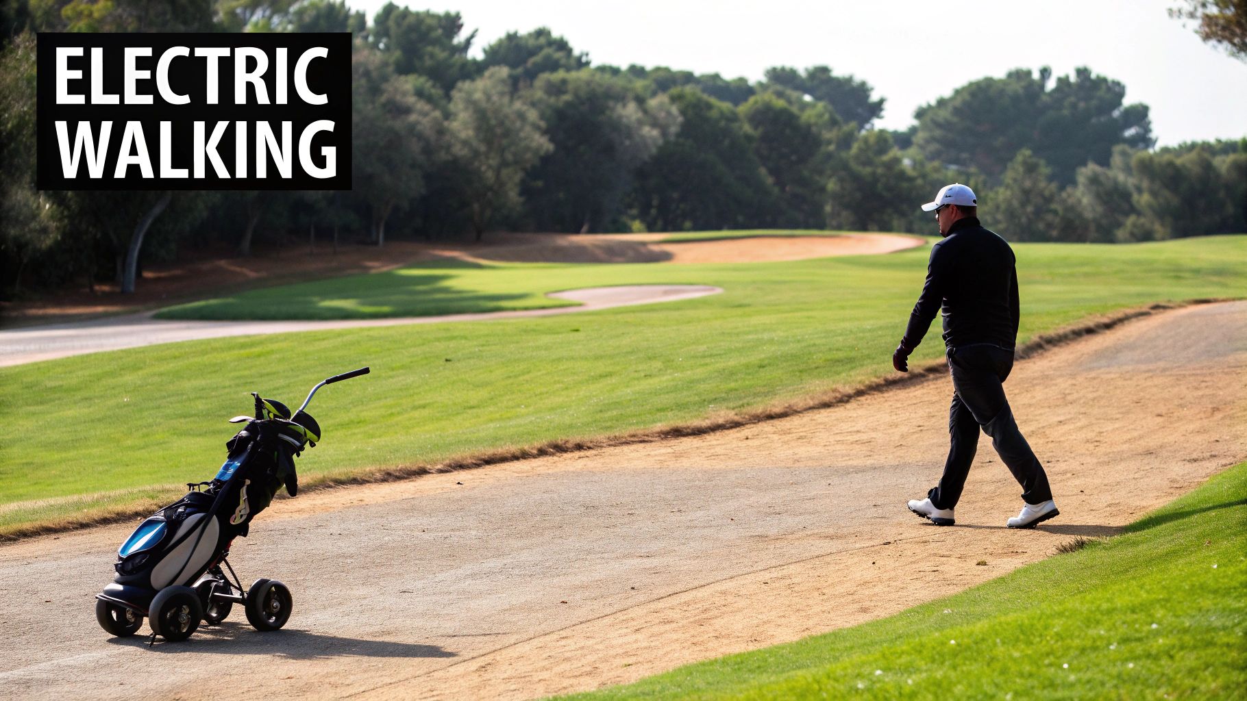 A golfer walks on a lush green course with an electric walking golf cart beside them.