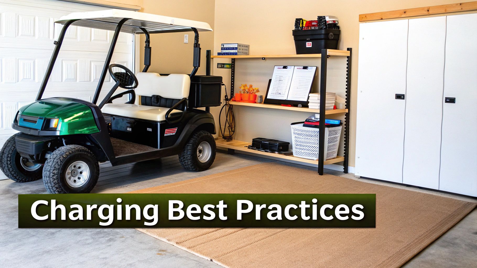 A green and black electric golf cart parked inside a clean garage with storage shelves and cabinets.