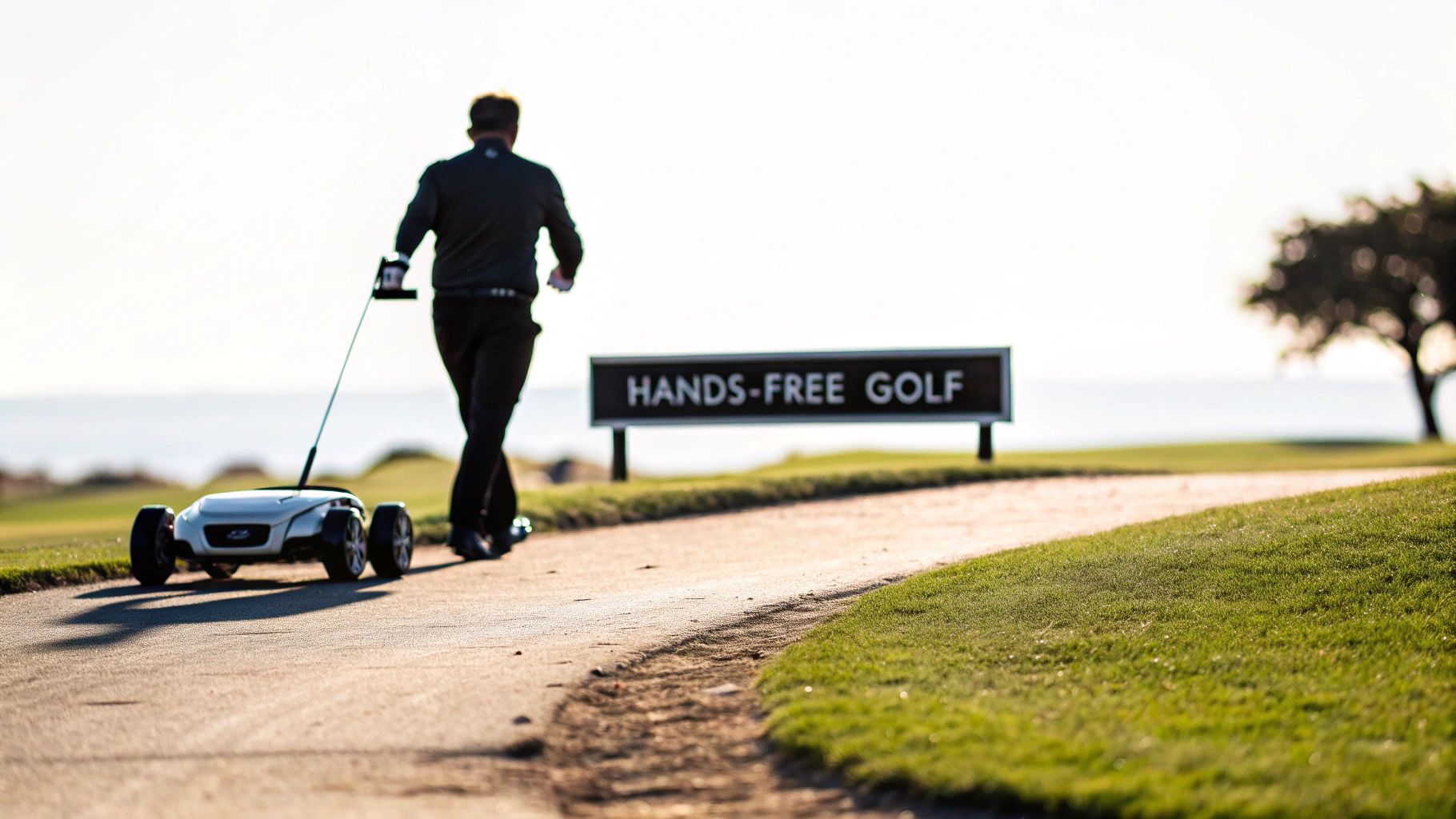 Man walking on a golf course path, pulling a white remote golf caddy past a 'Hands-Free Golf' sign.