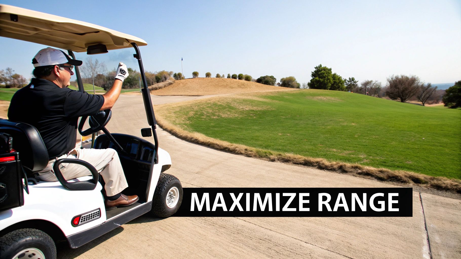 A man drives a white golf cart on a paved path on a sunny golf course, with text "MAXIMIZE RANGE".