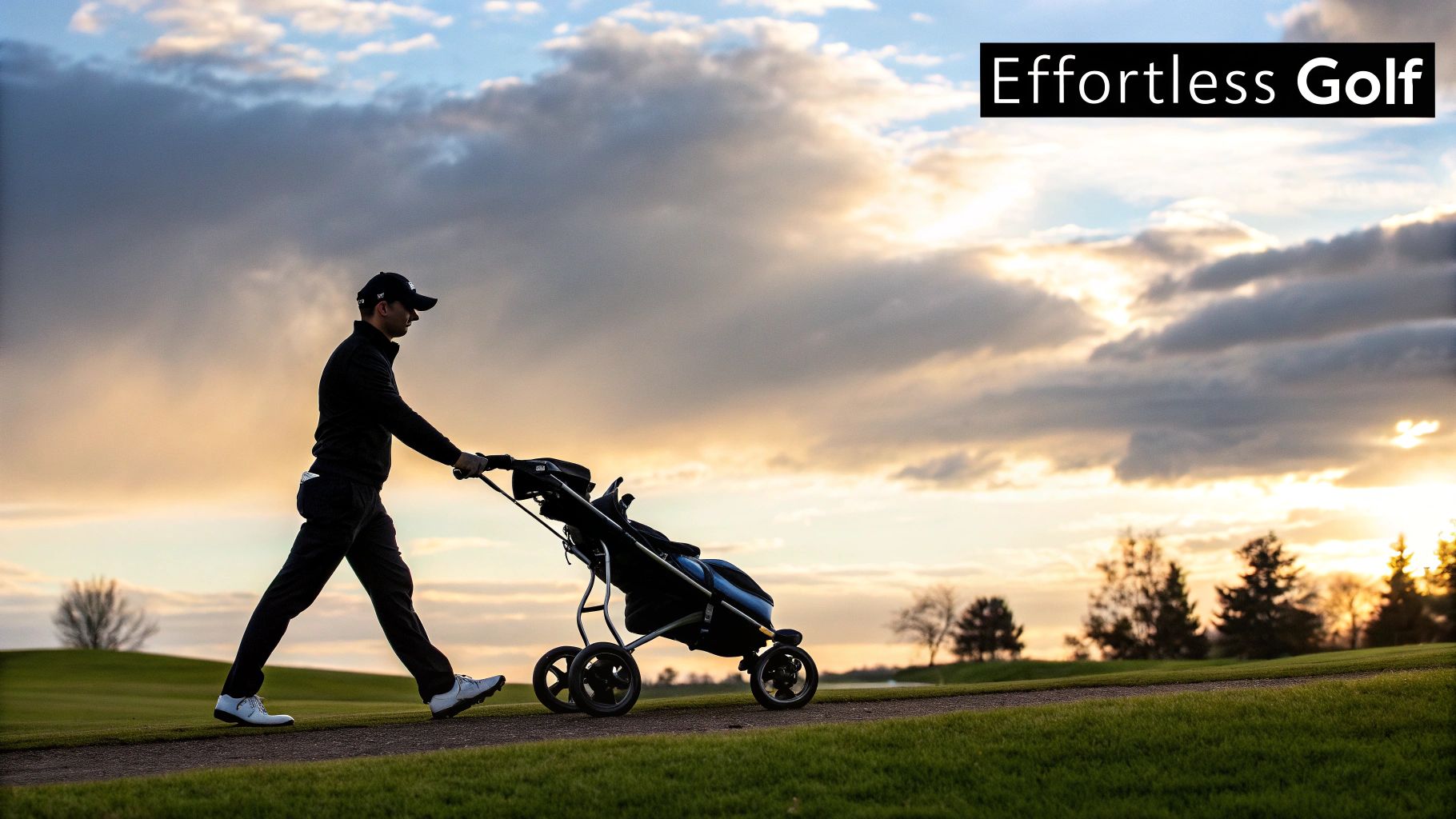 A golfer using a power push cart on a lush, green golf course during a sunny day.