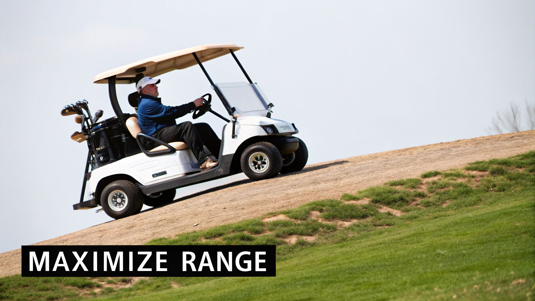 Golf cart parked on a scenic course at sunset, overlooking the green