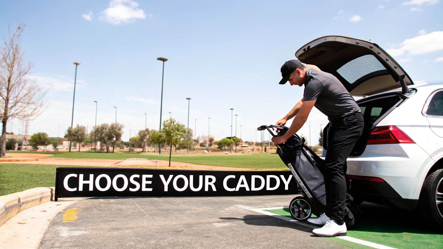 Man in golf attire taking a black golf push cart from his car at a driving range.