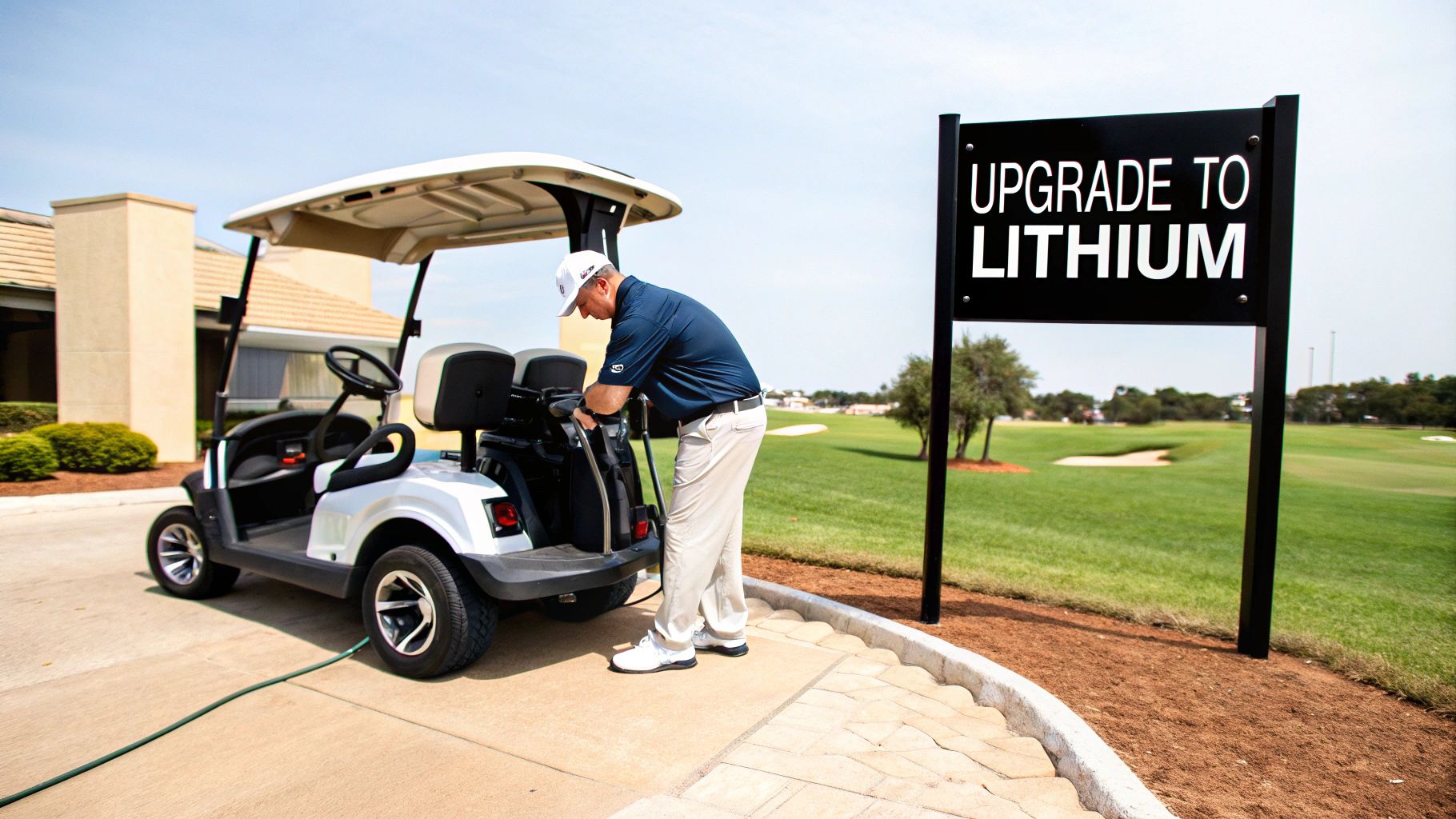 A man with a white golf cart on a sunny golf course next to an "Upgrade to Lithium" sign.