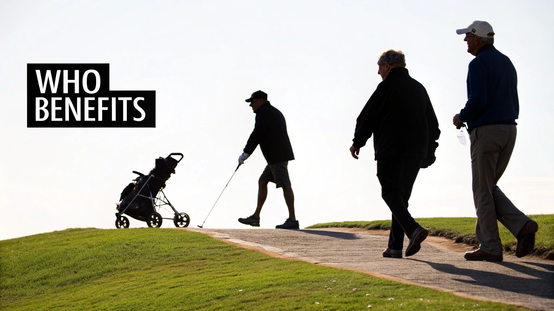 Three silhouetted golfers walk on a green course, one preparing to swing, with a golf cart and text.