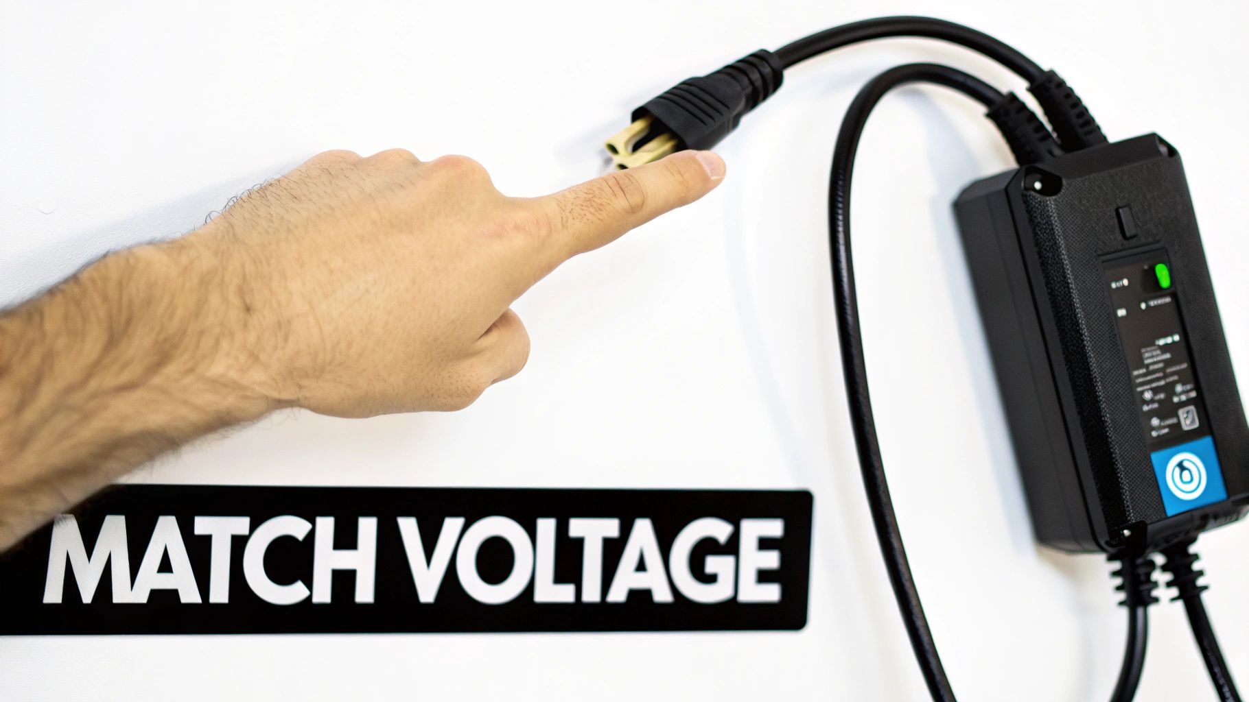 Several types of golf cart charger plugs displayed on a wooden surface.