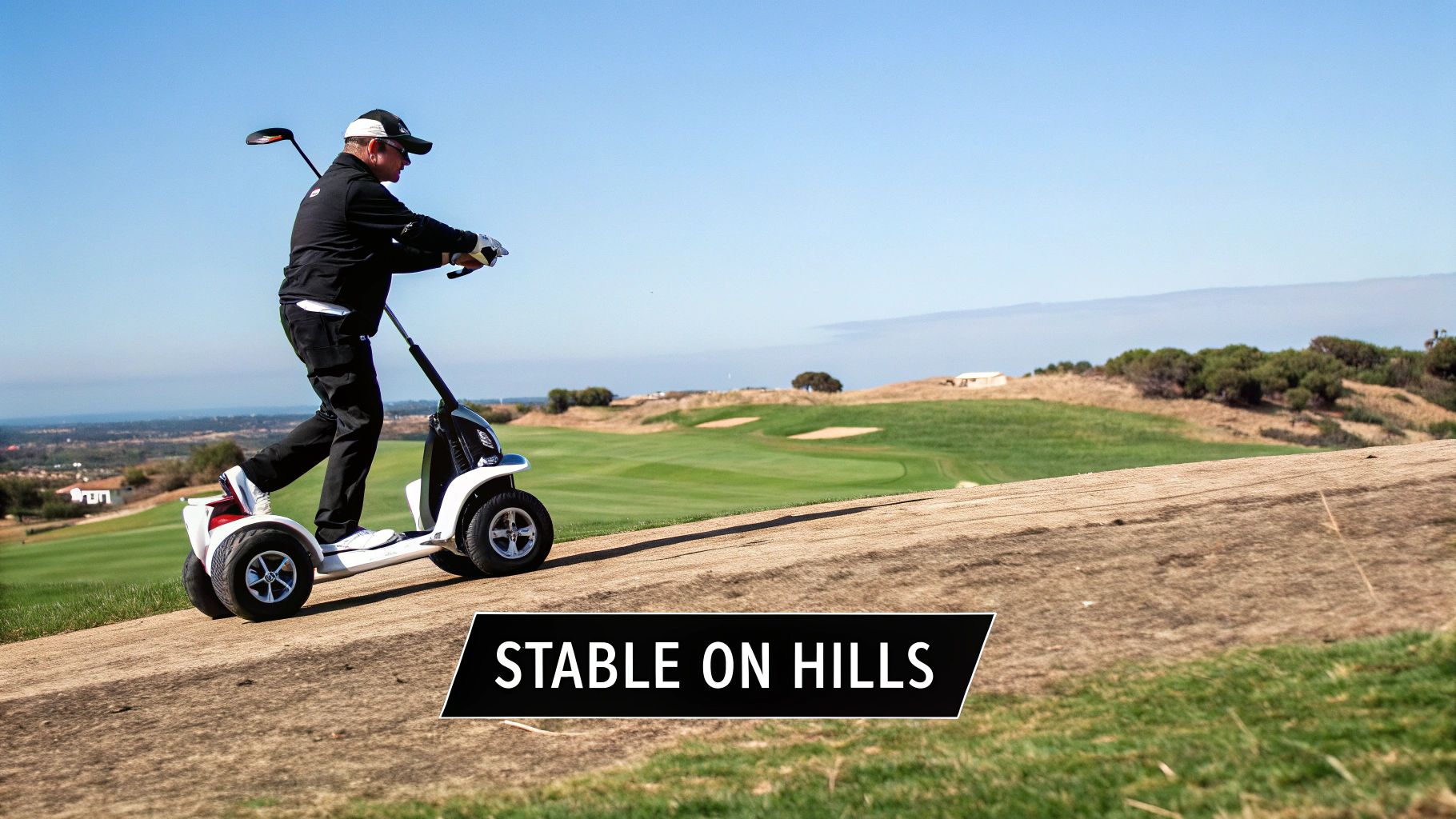 A golfer using a remote to control their electric caddy on a green fairway.