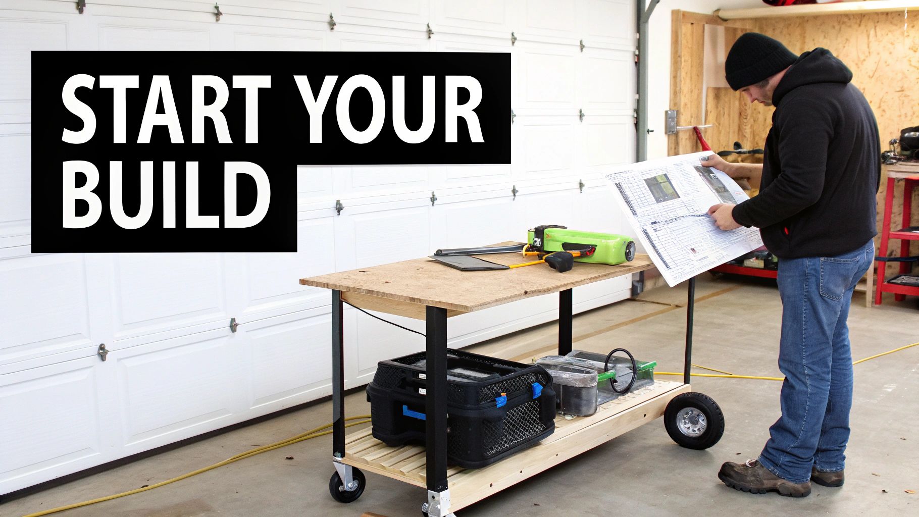 A man in a workshop reviews blueprints next to a mobile workbench with tools, under a 'START YOUR BUILD' sign.