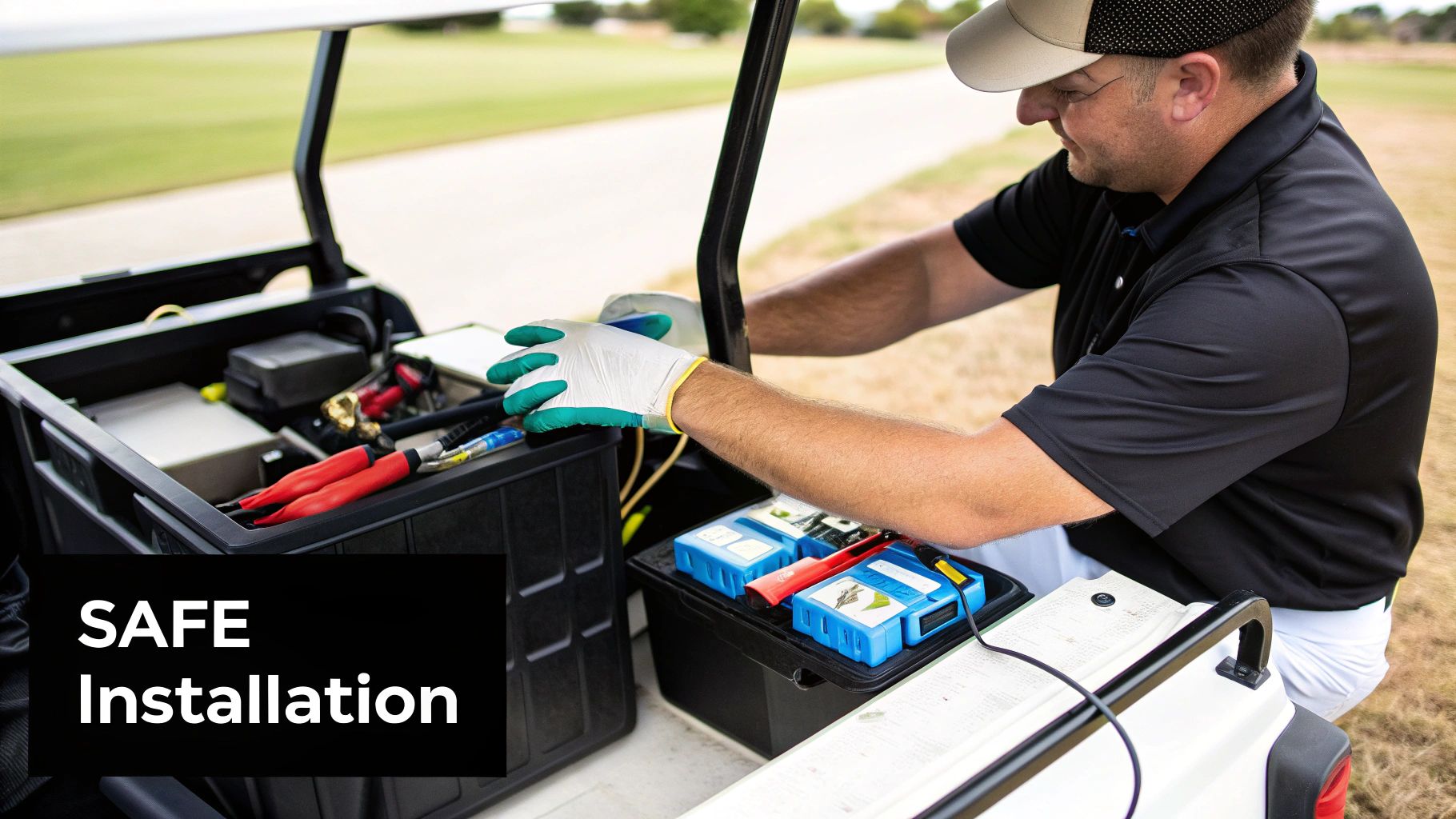 A man wearing gloves safely installs equipment and batteries in a golf cart.