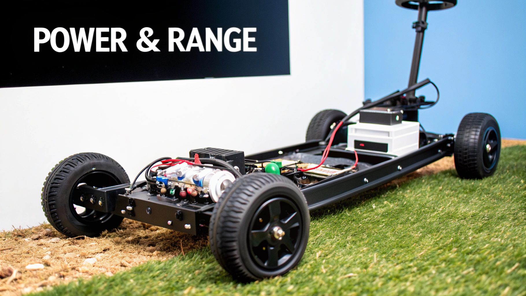 A close-up of a remote controlled golf push cart's wheel and motor on a lush green fairway