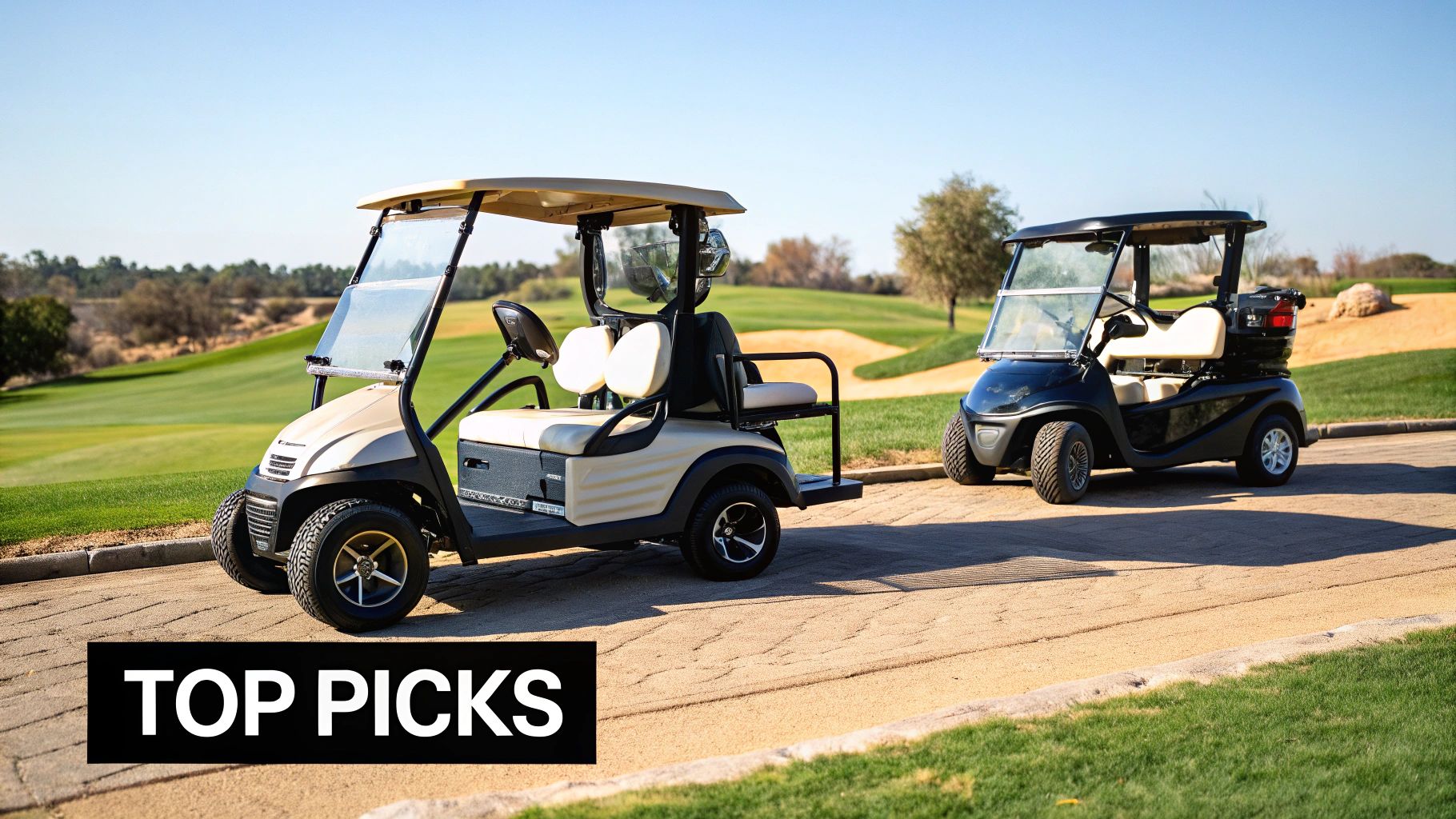 A golfer stands with an electric push cart on a bright, sunny golf course.