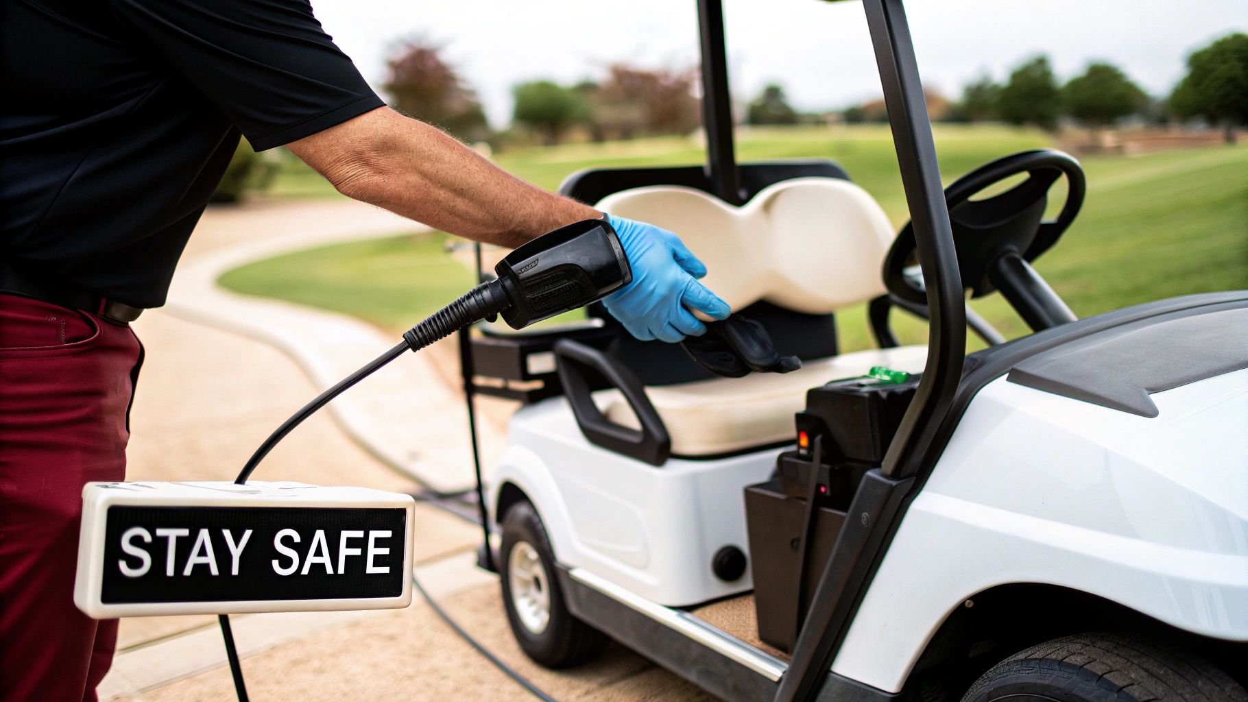 A person inspecting the plug and cable of an electric golf cart charger.