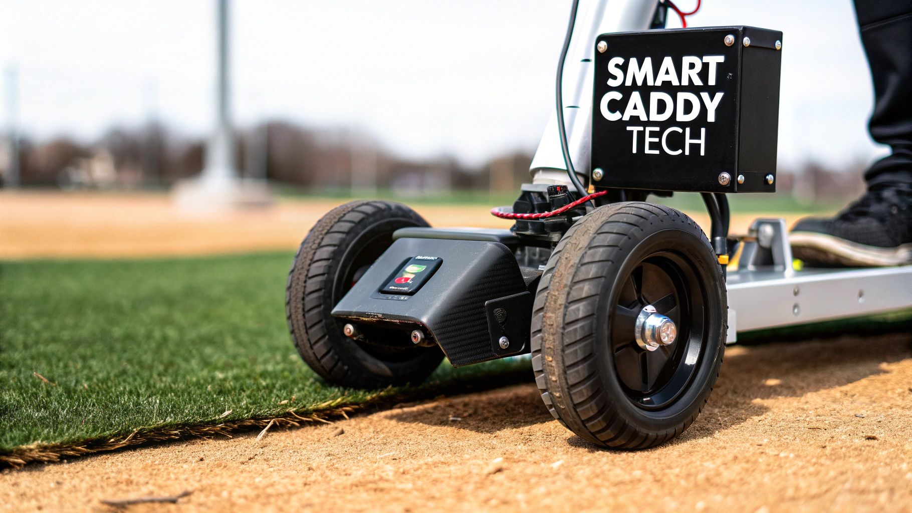 A close-up of a 'Smart Caddy Tech' device with wheels on a green and dirt field.