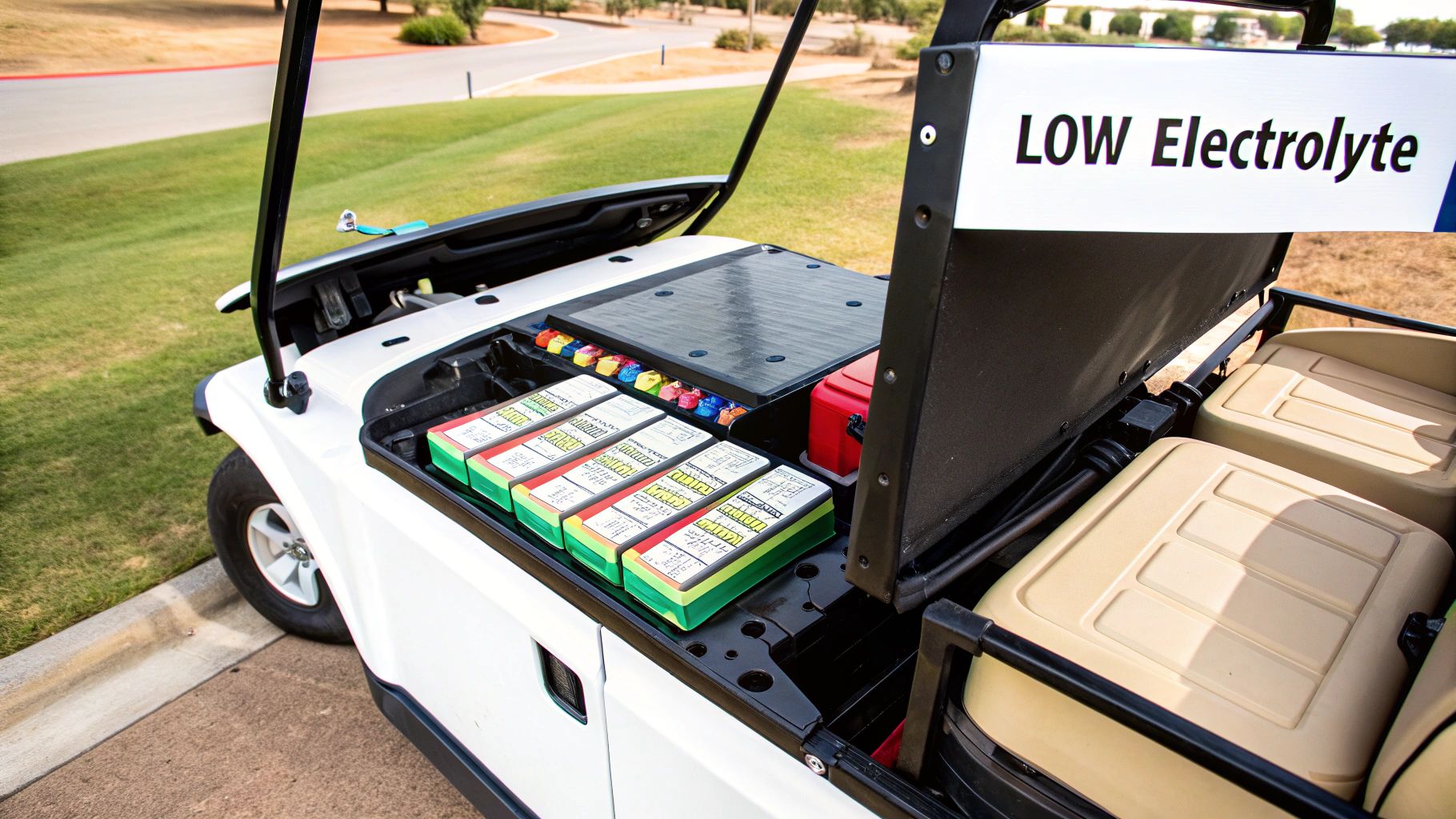Image showing proper water levels in a golf cart battery.