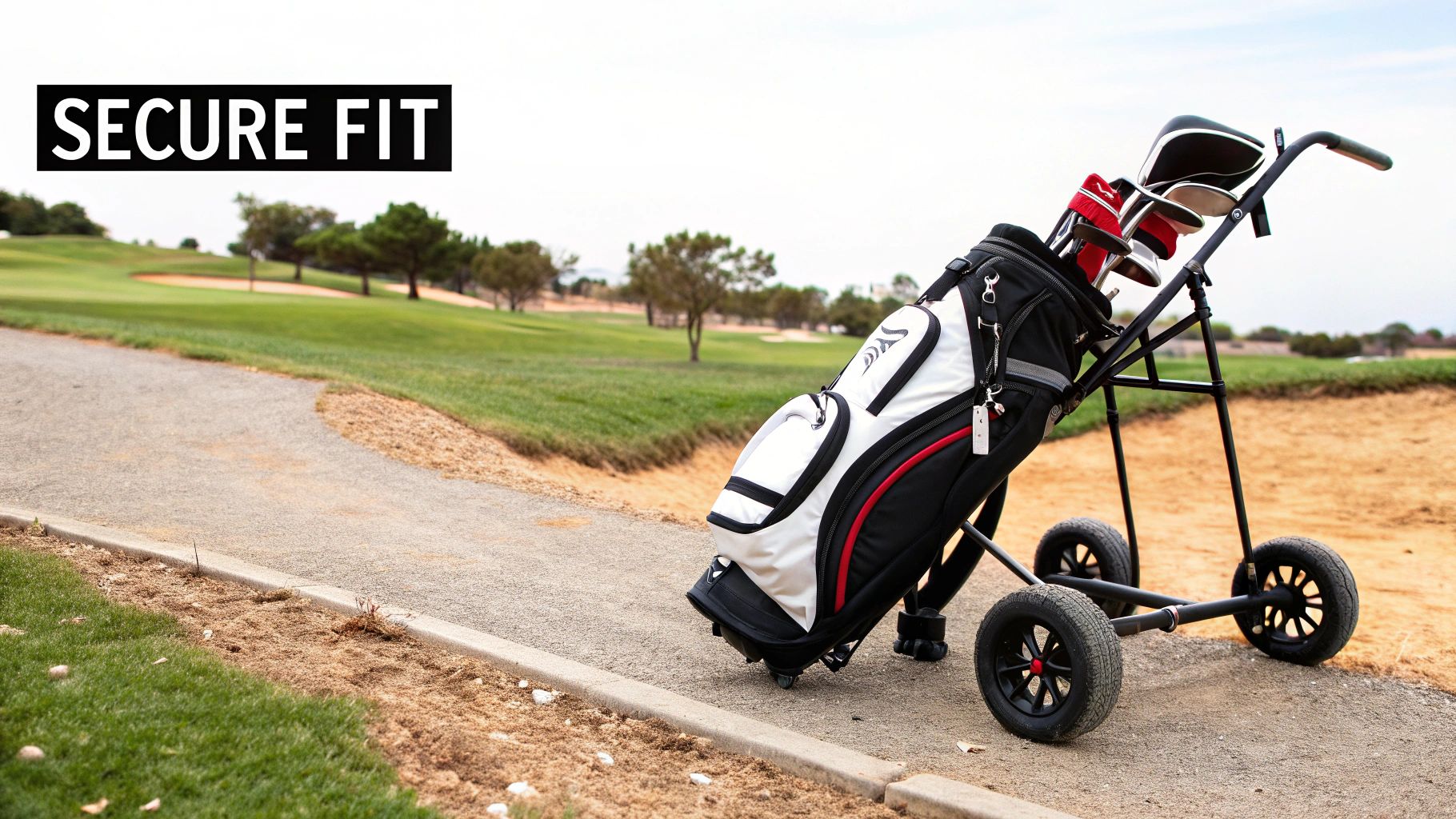 A golf bag securely strapped onto a pull cart on a green fairway.