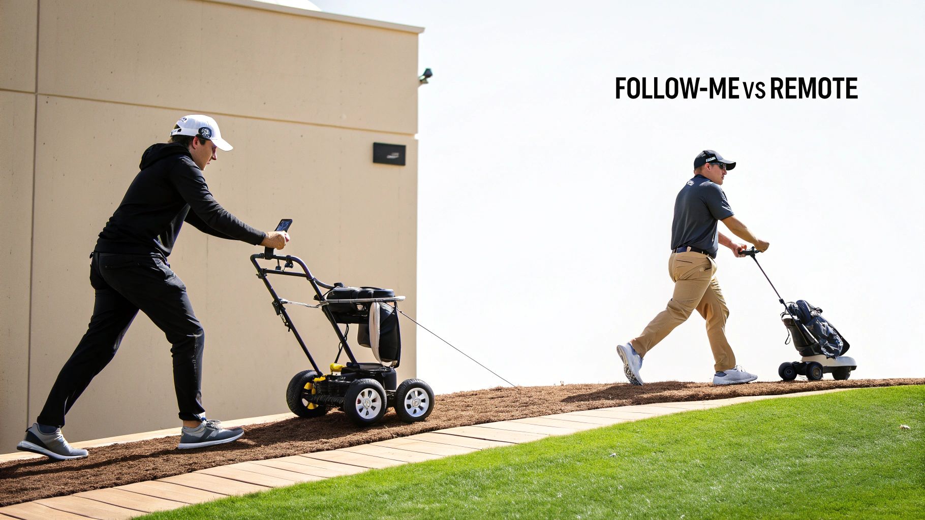 Two golfers demonstrate 'follow-me' vs 'remote' electric golf push carts on a course.