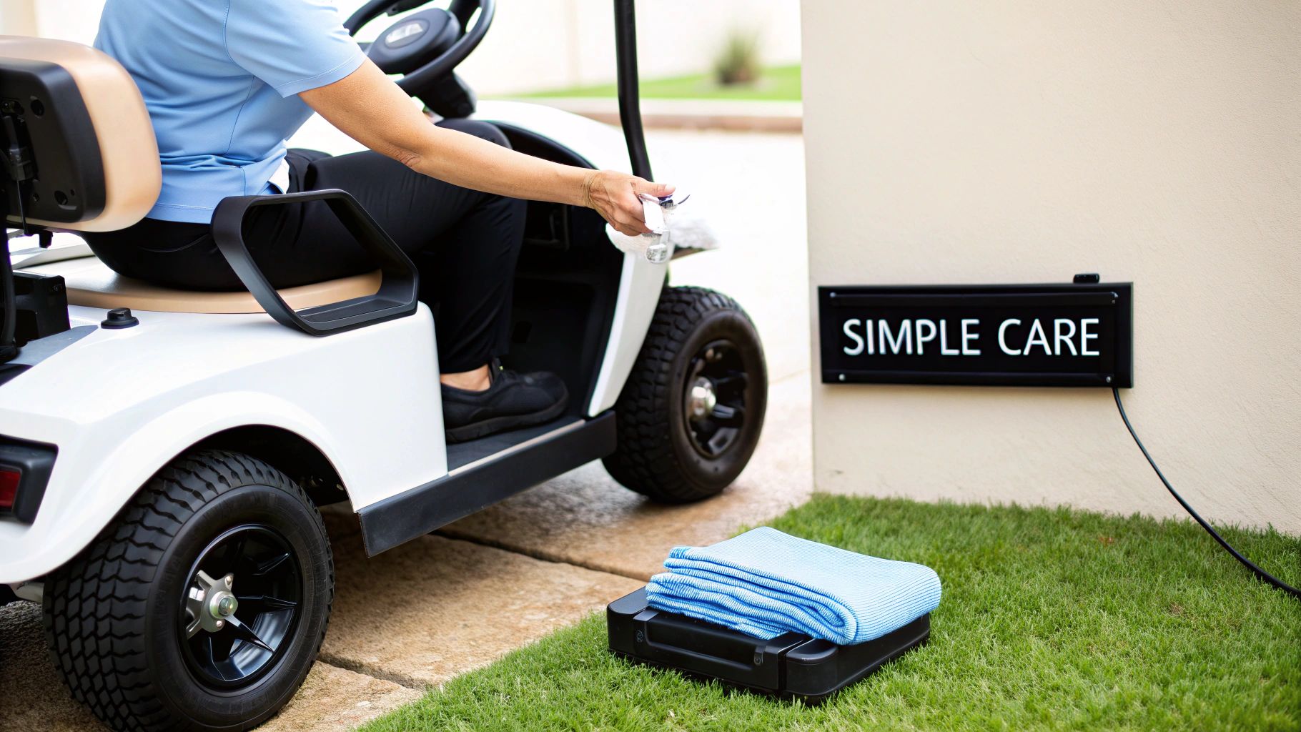Person in golf cart next to a 'SIMPLE CARE' sign with cleaning supplies on grass.