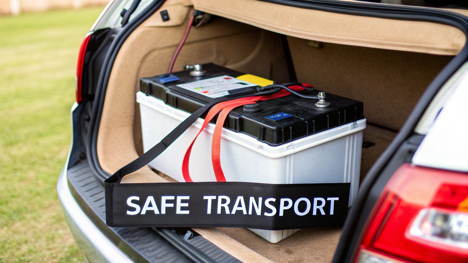 A car battery in a white container is securely fastened with red and black straps in a car trunk, with a prominent "SAFE TRANSPORT" banner.