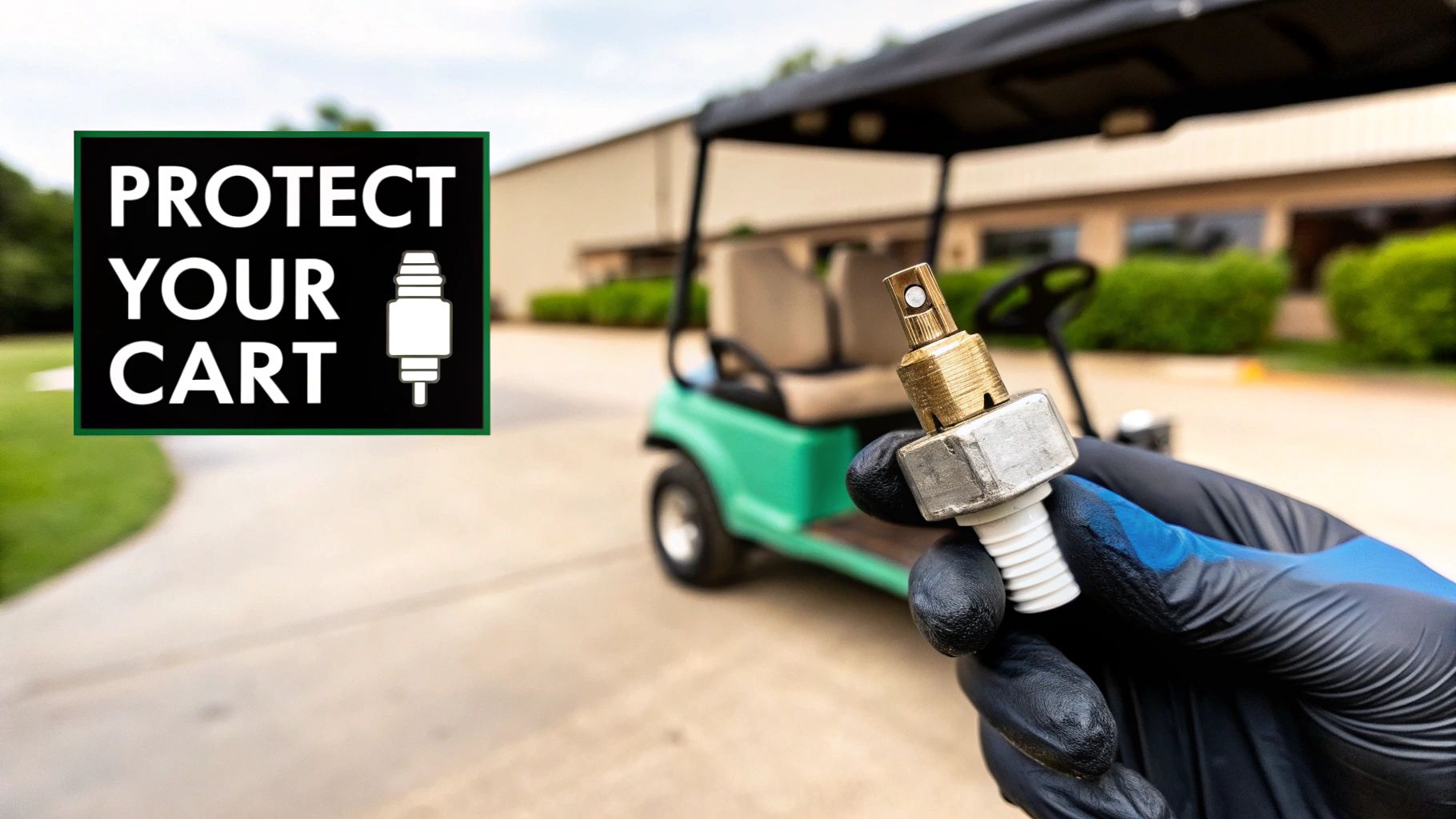 A gloved hand holds a golf cart fuse, with a green golf cart and 'Protect Your Cart' sign in the background.