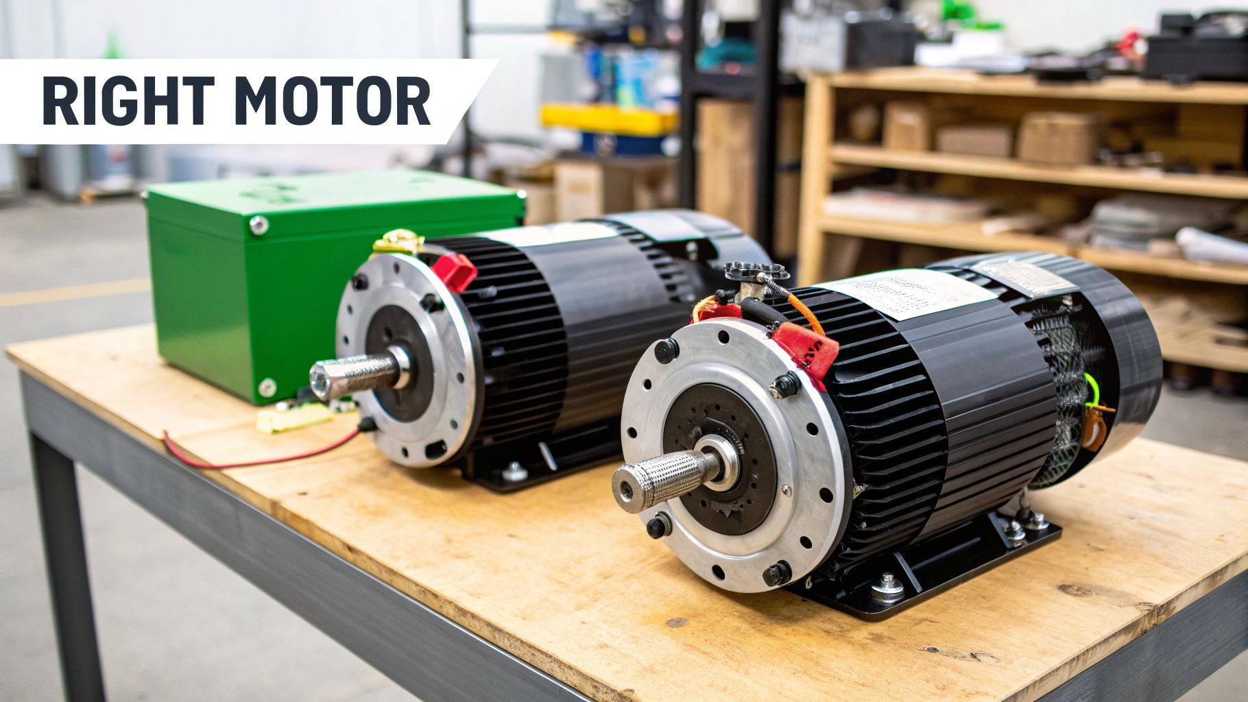 Two electric motors and a green control box on a wooden workbench in a workshop.