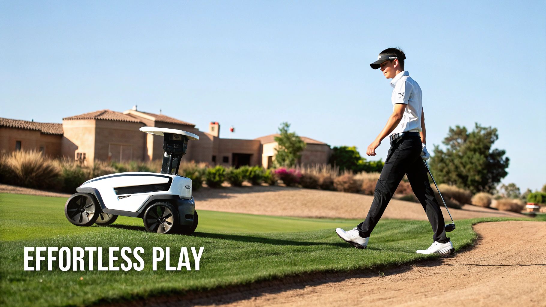 A golfer walks alongside a remote controlled caddy on a lush green fairway