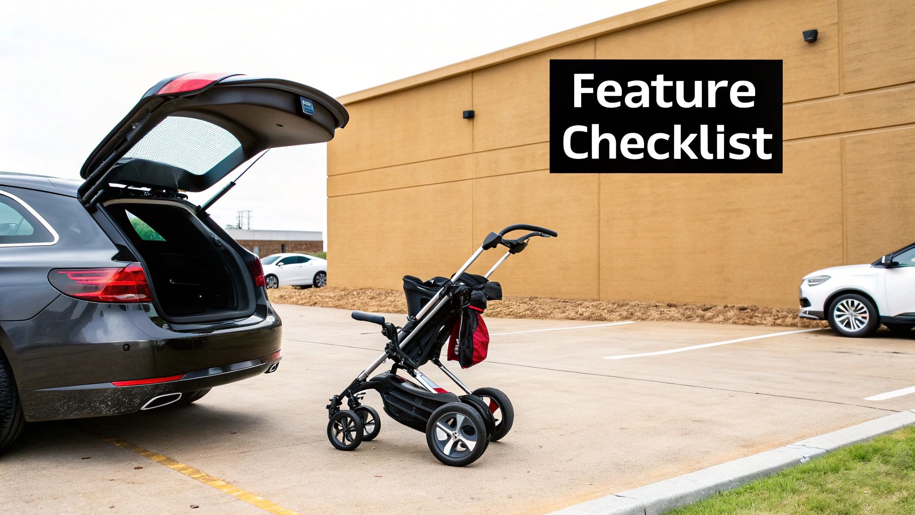 A battery-powered golf push cart with a red bag, parked next to a black car with an open trunk in a parking lot.