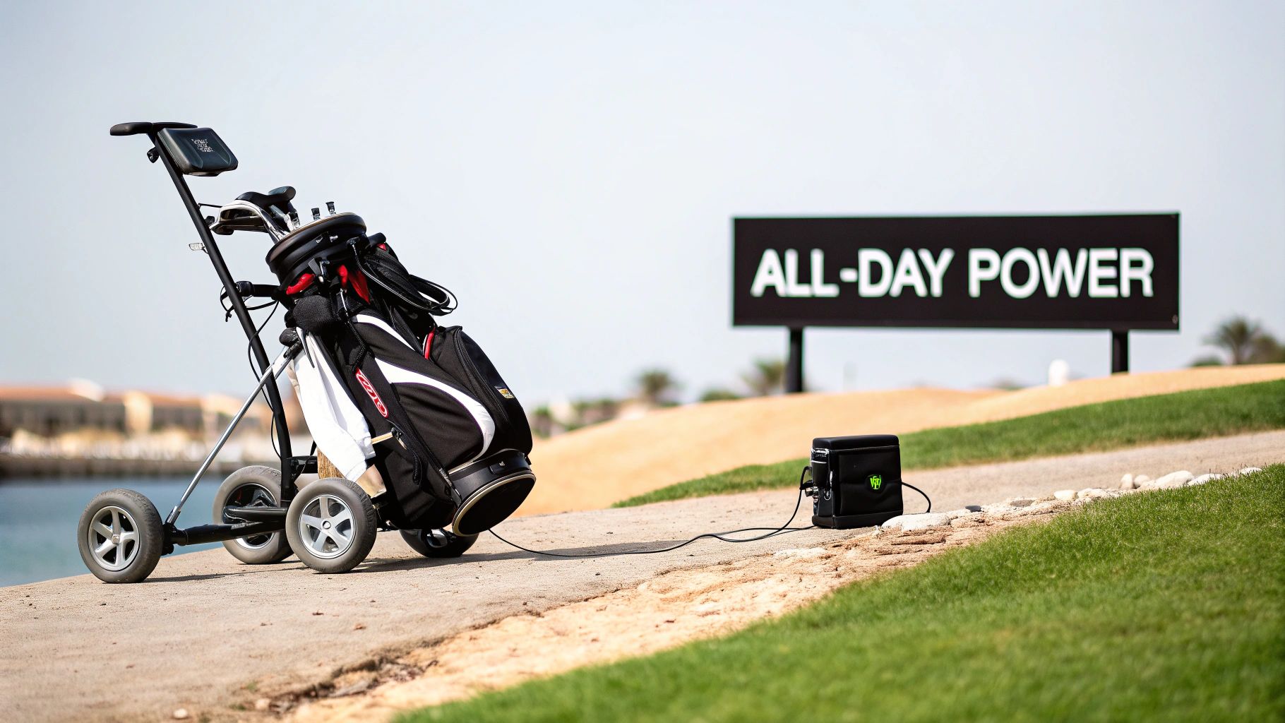 A golf cart with a golf bag connected to a portable battery charger on a golf course.