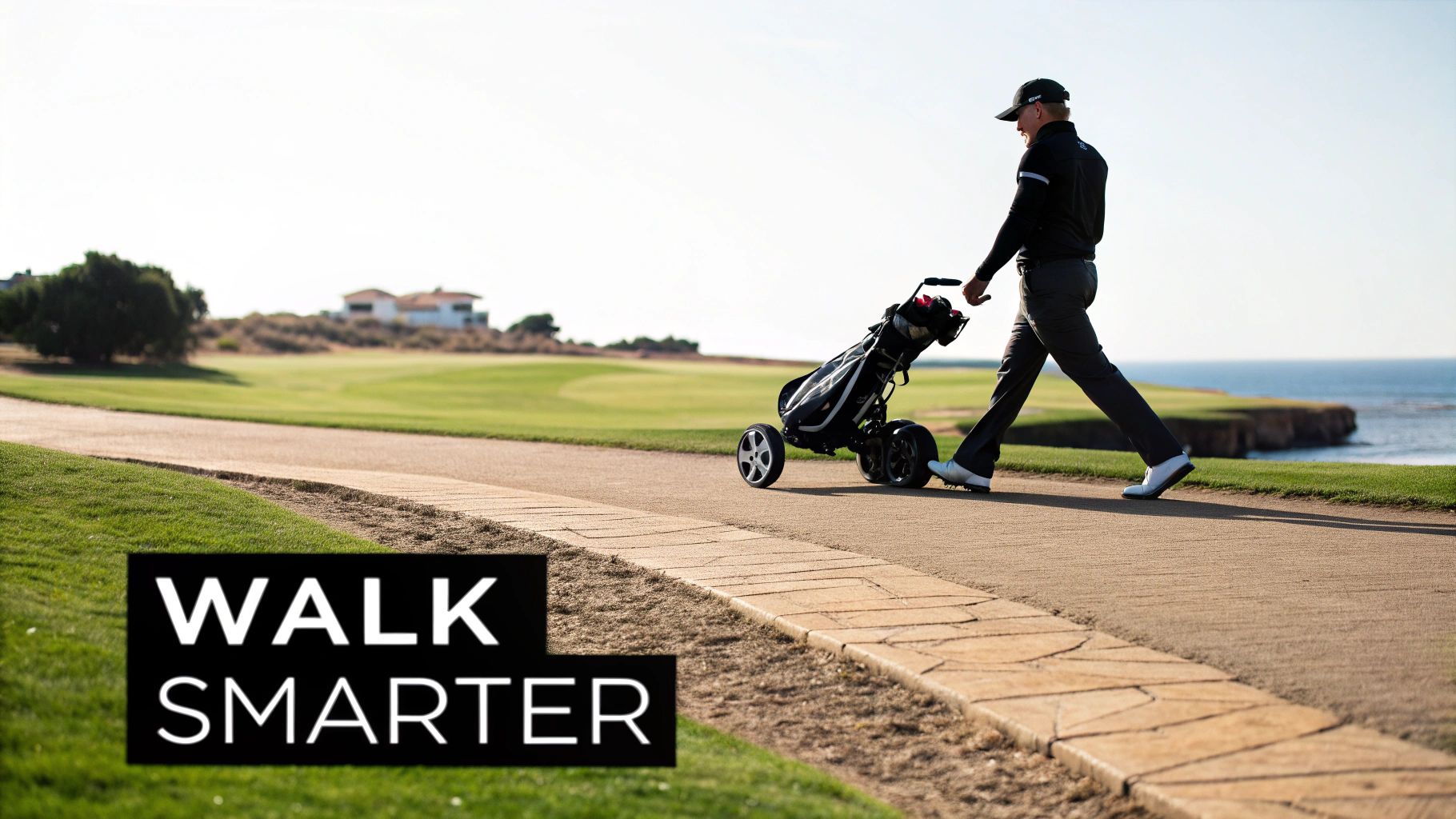 A golfer pushes a remote-controlled golf trolley along a scenic path by a golf course and ocean.