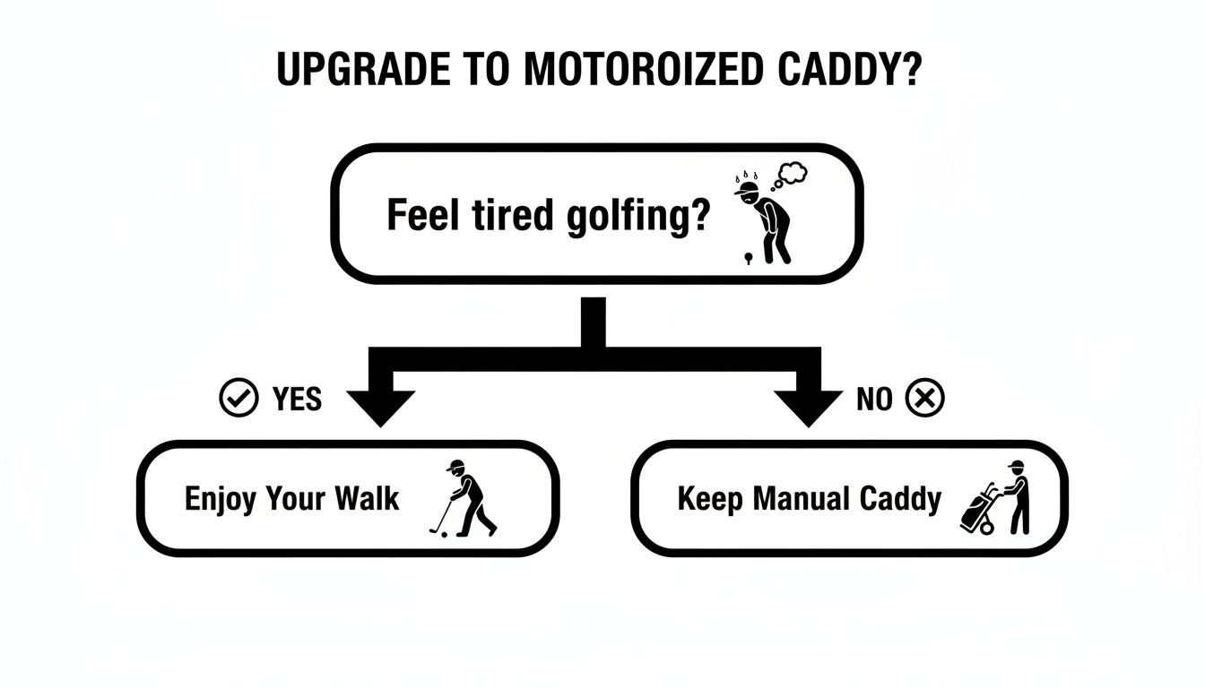 A flowchart asks 'Feel tired golfing?' and suggests upgrading to a motorized caddy or keeping a manual one.