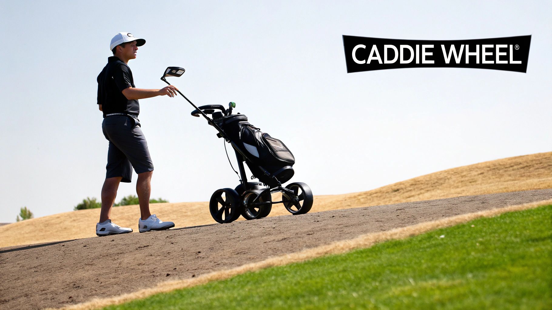 A man on a sunny golf course pushes an electric Caddie Wheel golf cart up a slight hill.