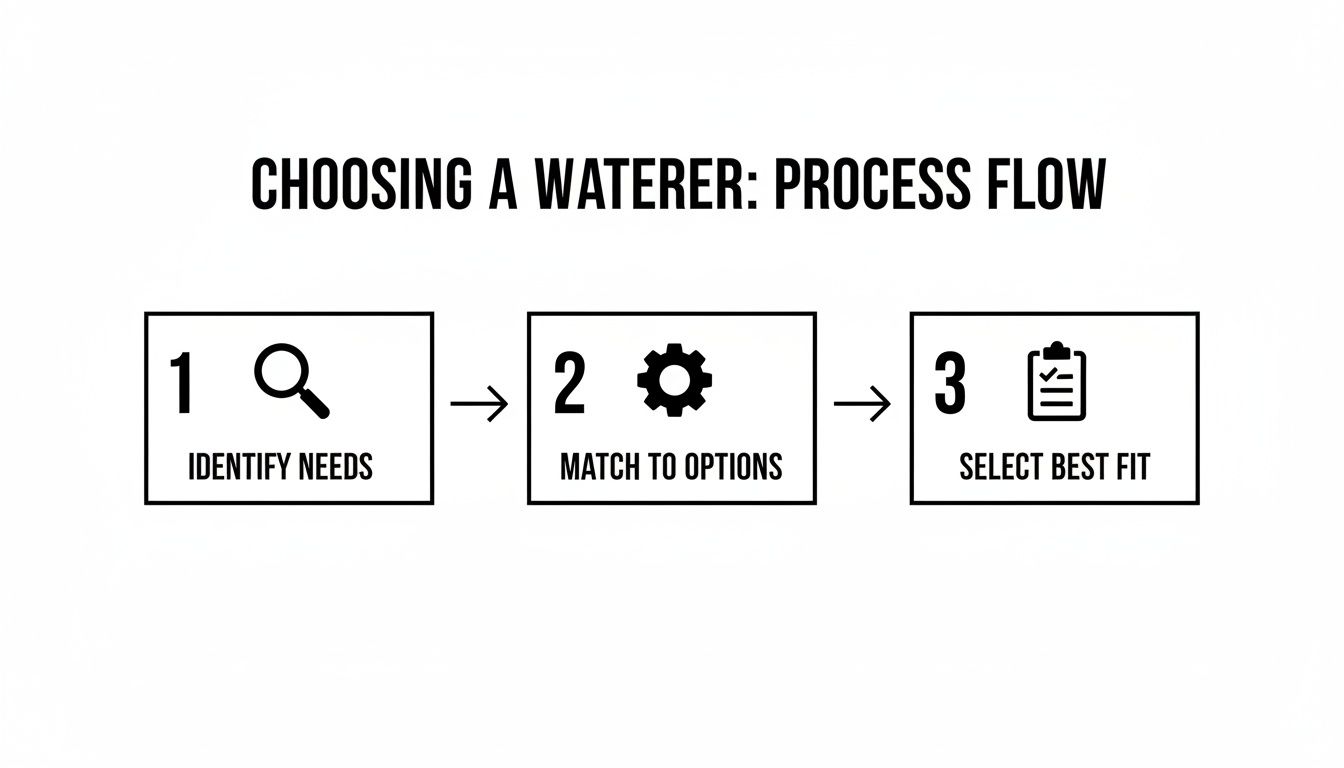 A three-step process flow for choosing a waterer: identify needs, match options, select best fit.