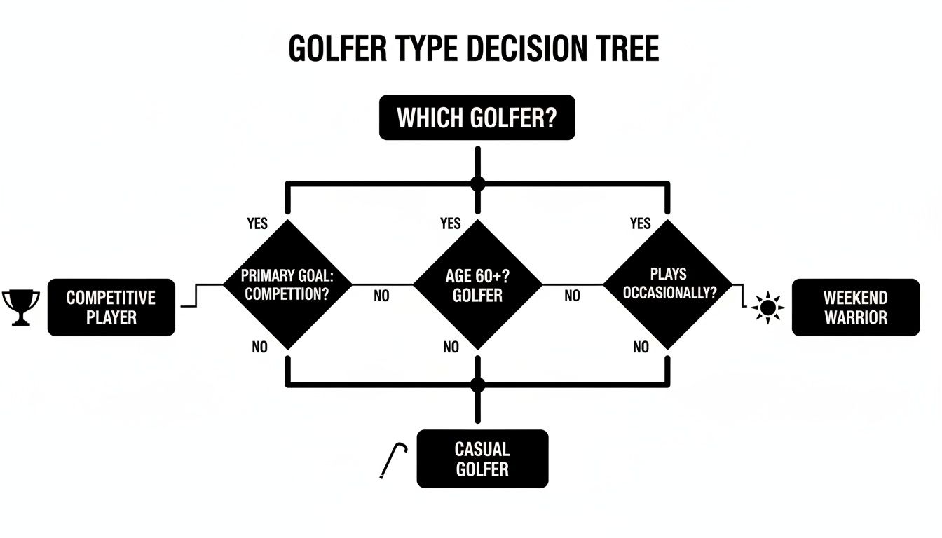 A golfer type decision tree flowchart classifying golfers into competitive, casual, or weekend warrior types.