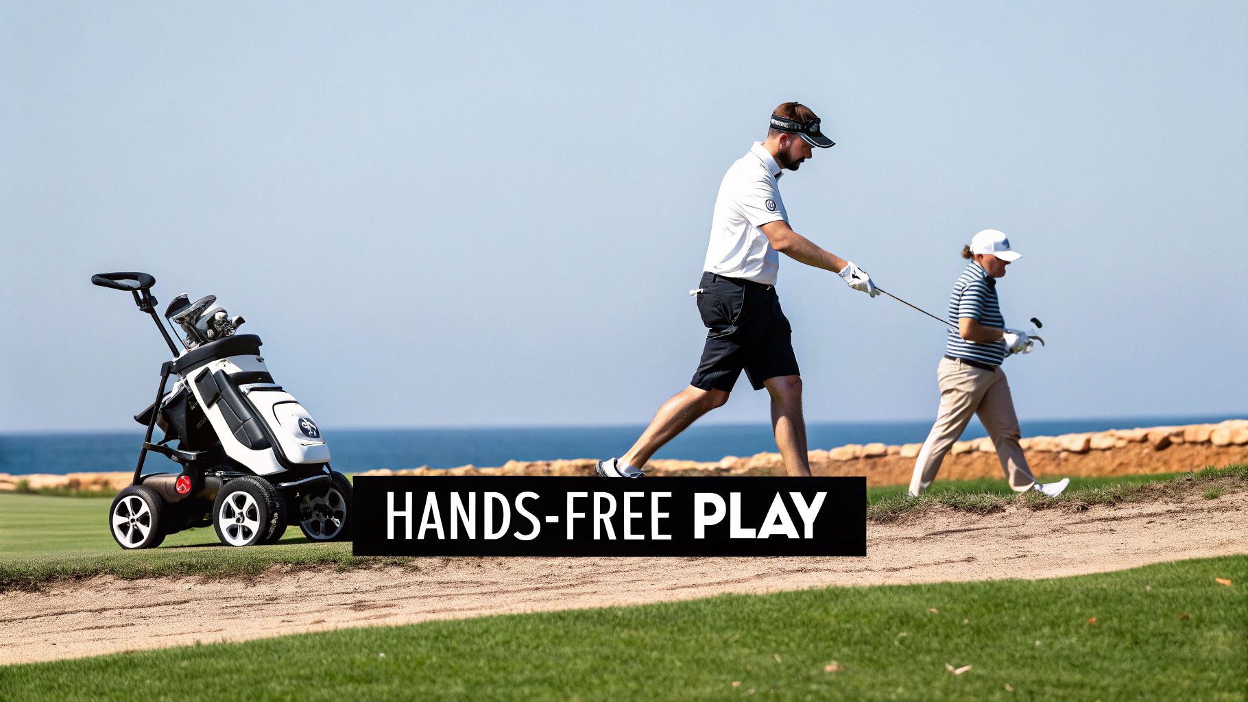 Golfer walking hands-free on the course with a golf caddy robot