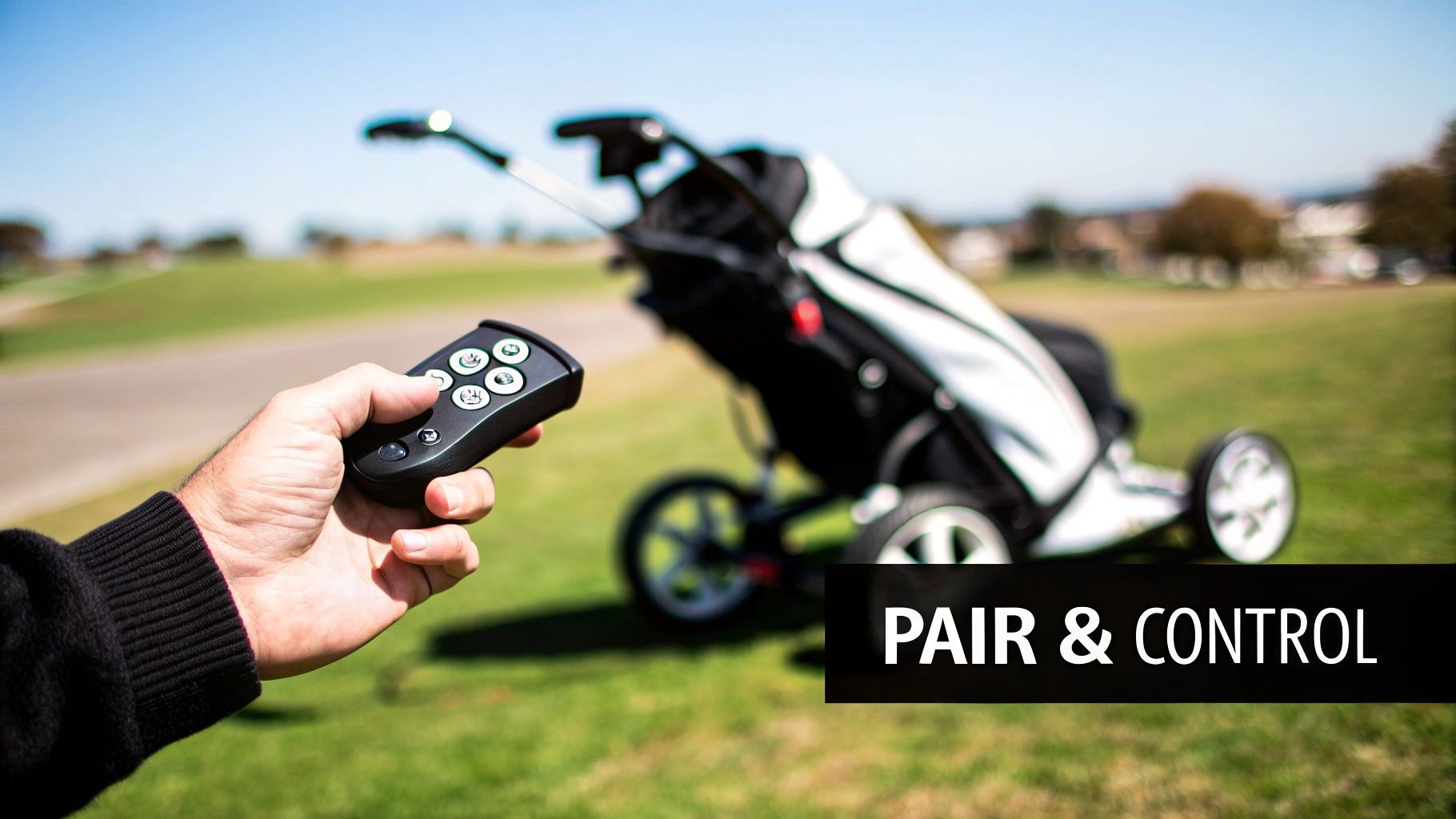 A hand holds a black remote control, pairing it with an electric golf trolley on a sunny golf course.
